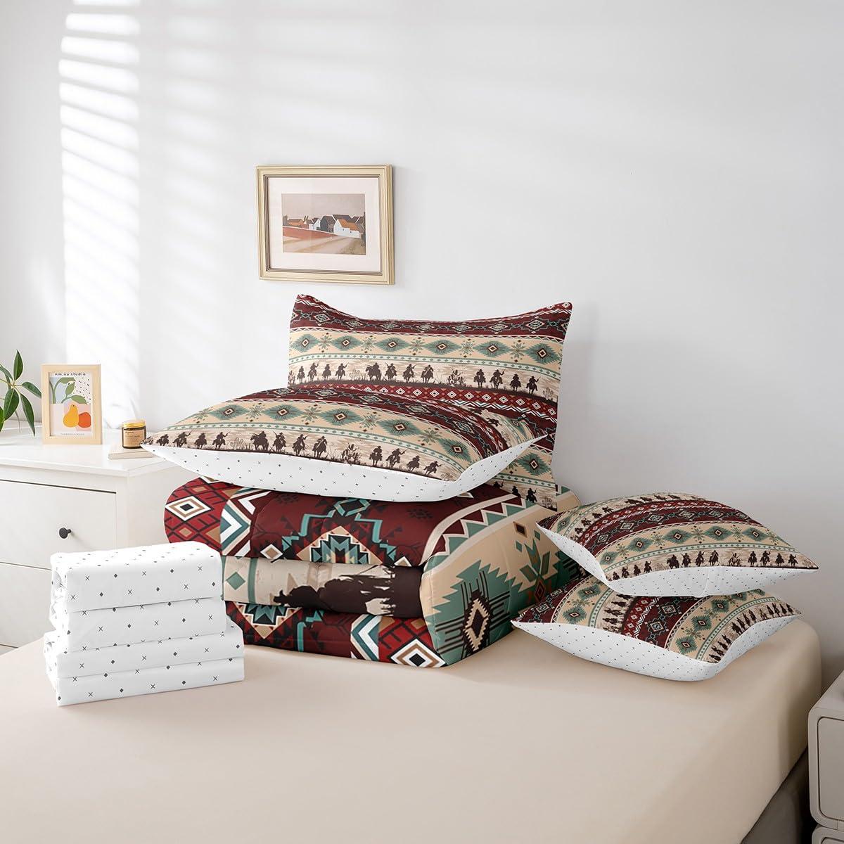 Feelyou Feelyou Western Comforter Set King Size 7 Pieces Comforters Brown Red Cowboy Bedding Set Boho Southwestern Cowboy Bed Set Bed in a Bag with Comforter, Sheets, Pillowcases & Cushion Covers