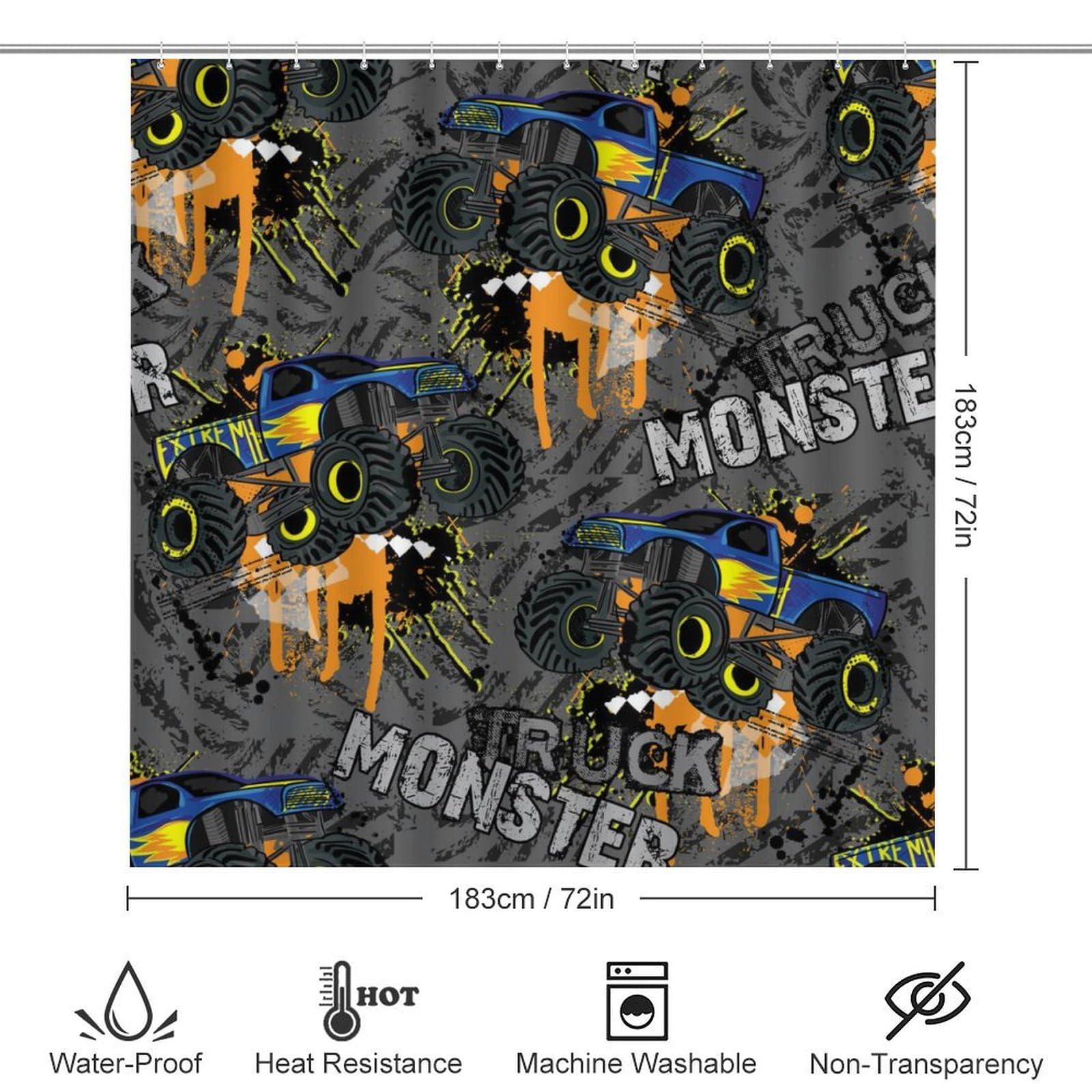 JretailAx Abstract Monster Truck Car Shower Curtain Sets 4 Piece,Boys Shabby Paint Style Sports Theme Monster Trucks Bathroom Decor Sets with Rugs Include Waterproof Non-Slip Toilet Lid Cover Bath Mat