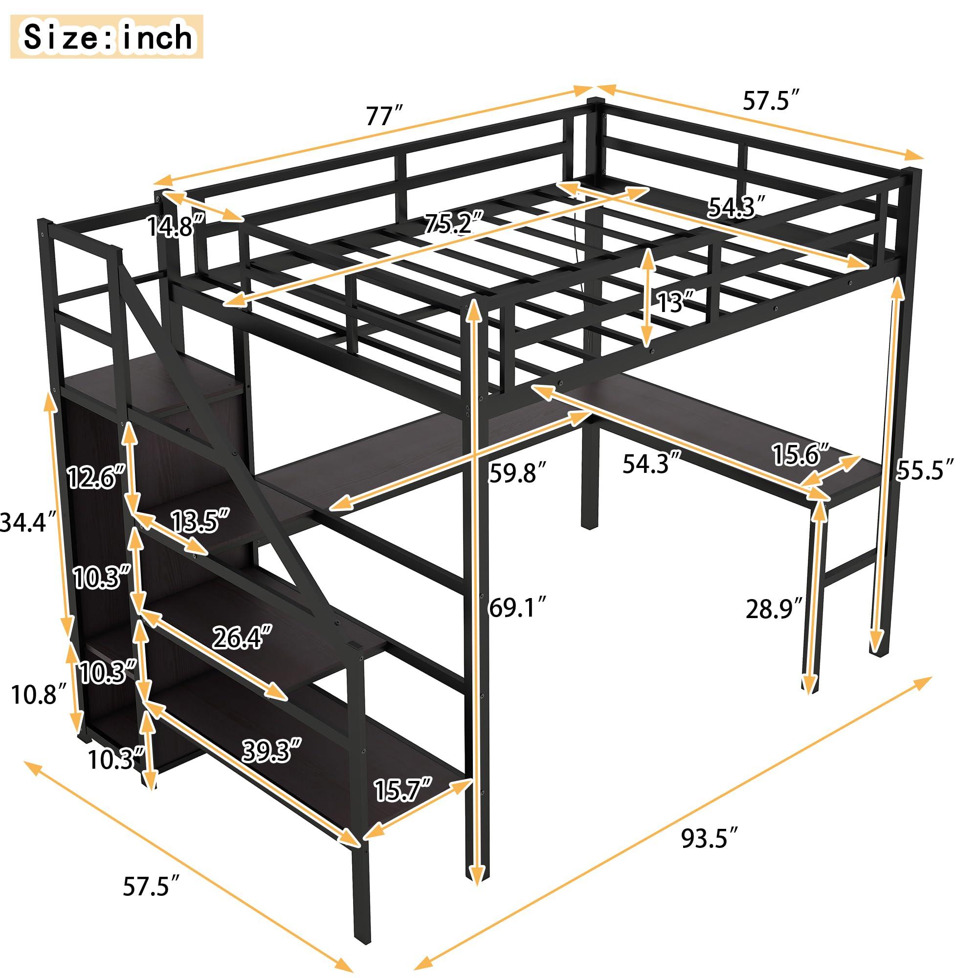 Linique Linique Full Size Gaming Loft Bed with L-Shaped Desk, LED and Charging Station, Metal Loft Bed with Wardrobe and Adjustable Shelf for Kids Teens Adults, Black