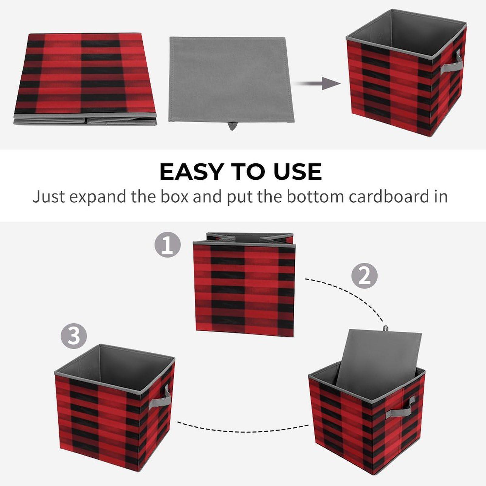 BFGWK Red Black Buffalo Check Plaid Pattern Printing Storage Basket Folding Storage Bins Fabric Cube Organizer With Handle For Closet Utility Room