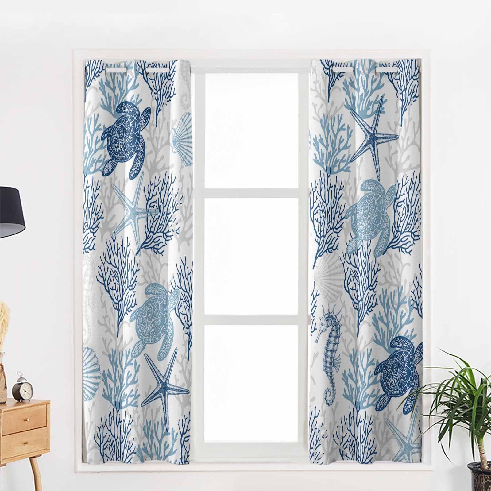 Double Love Coral Turtle Blackout Curtains 54 Inches Long for Bedroom,Thermal Insulated Room Darkening Black Out Living Room Window Curtain Panels Drapes,Summer Ocean Coastal Shell Starfish Seahorse 104x54
