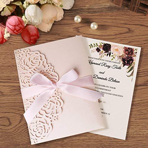 KUCHYNEE KUCHYNEE 5.1x7.1 Inch 20PCS Blush Pink Blank Wedding Invitation Kits Laser Cut Hollow Rose Pocket Wedding Invitations with Envelopes For Wedding Quincenera Engagement Invite