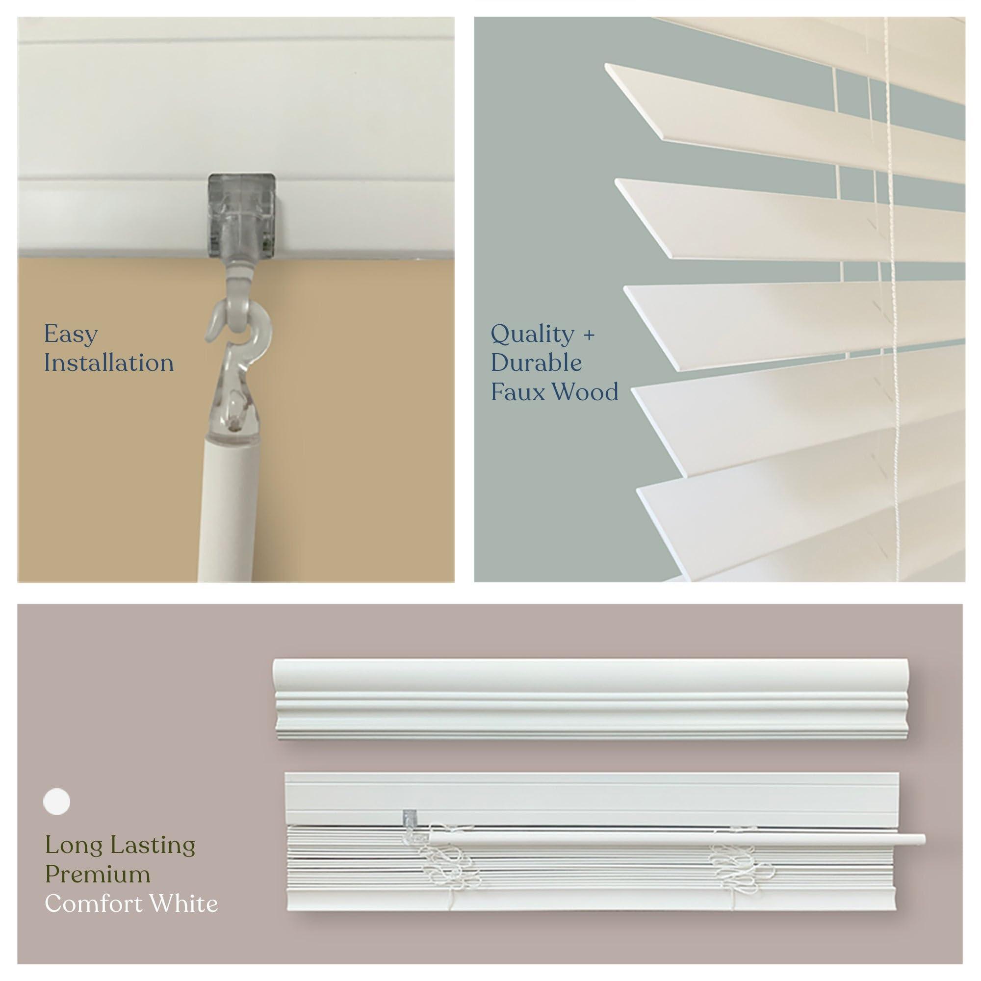 Mood MOOD Premium Faux Wood Blinds | 34 inch Blinds for Windows | 2.5" Cordless Blackout Window Treatment | White | 34 x 84