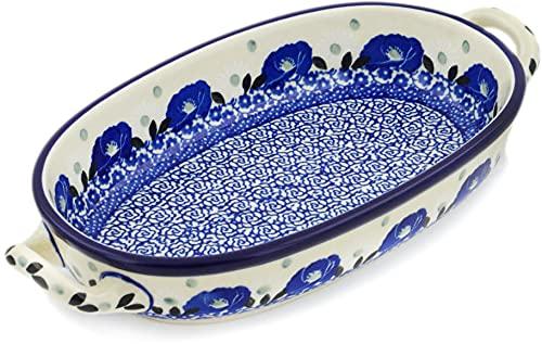 Polmedia Polish Pottery Polish Pottery 8-inch Oval Baker with Handles made by Ceramika Artystyczna (Eternal Winter Theme) + Certificate of Authenticity