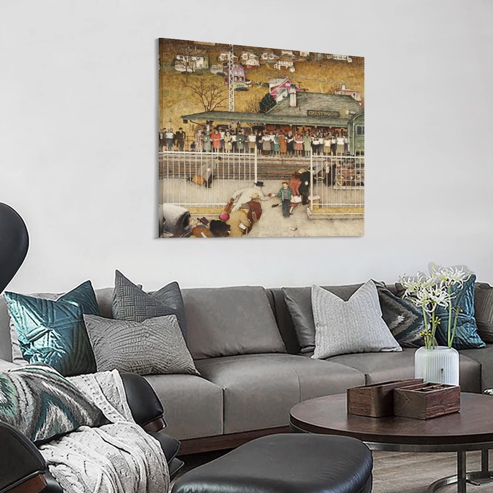 NIZHNAO 35+ Norman Rockwell Illustration Crestwood Train Station, 1946 by Norman Rockwell American Retro Poster Decorative Painting Canvas Wall Art Living Room Posters Bedroom Painting 28x28inch(70x70cm)