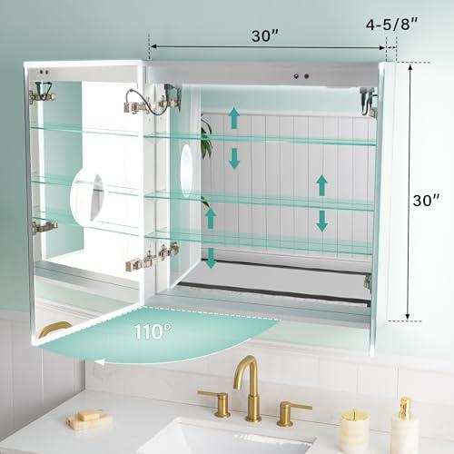 WELLFOR WELLFOR 30\" X 30\" Medicine Cabinet with Lights, 3X Magnification, Anti-Fog Mirrored Cabinet, Bathroom Vanity Medicine Cabinet with Outlets & USB Ports, Double Doors