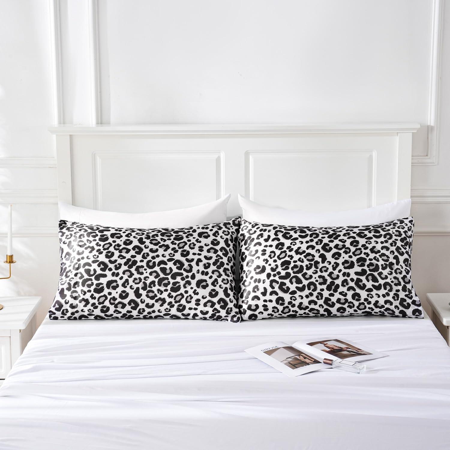 MR&HM MR&HM Satin Pillowcase for Hair and Skin, Silk Satin Pillowcase 2 Pack, Standard Size Pillow Cases Set of 2, Silky Pillow Cover with Envelope Closure (20x26, White Leopard)
