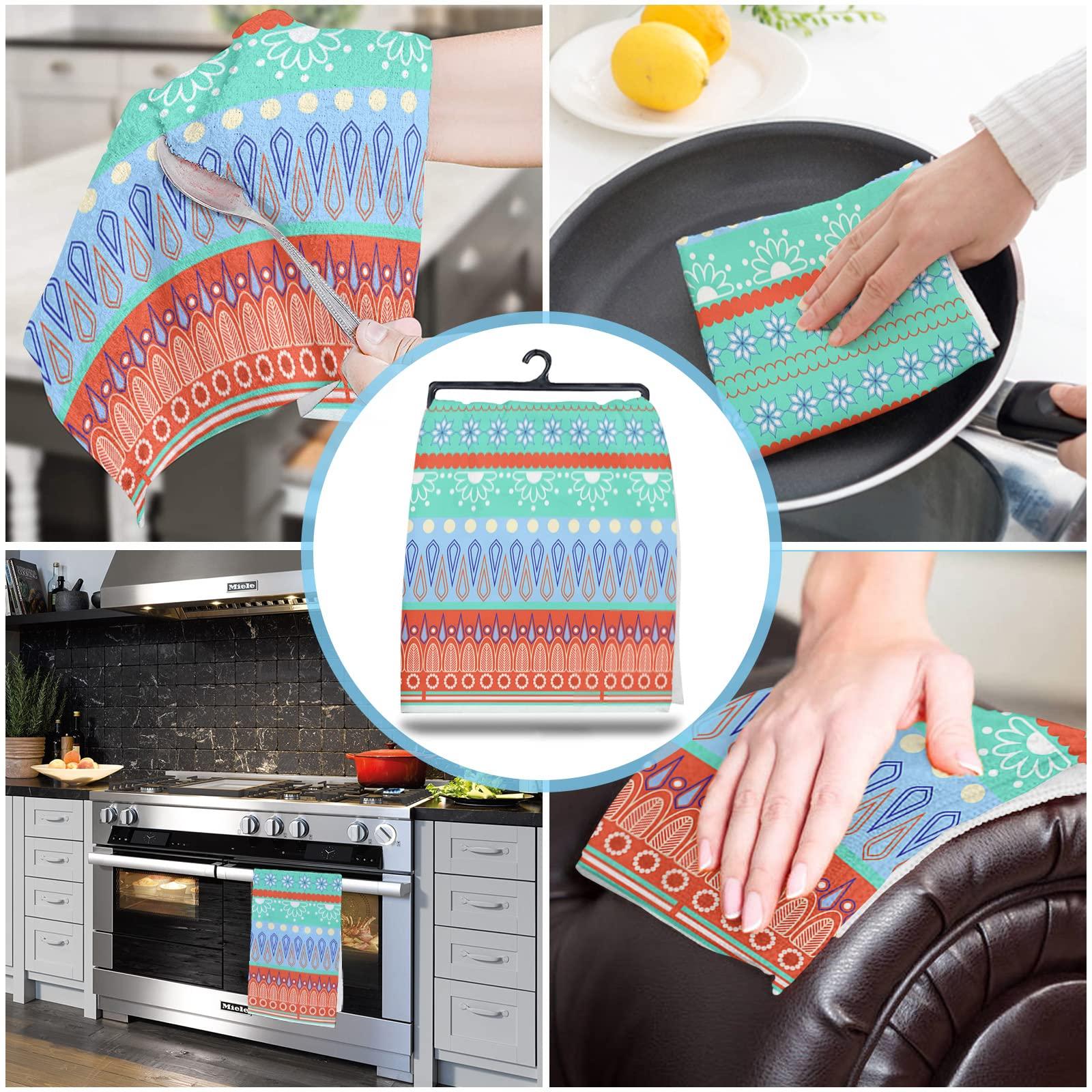 Smile Sunflower Kitchen Towels Microfiber Cleaning Cloths, Boho Flower Gemetric Teal/Turquoise Orange Stripes Soft Dish Towels for Kitchen, Pack of 4 Absorbent Hand Towels Reusable Tea Towels,Bar Towels,18x28 Inch