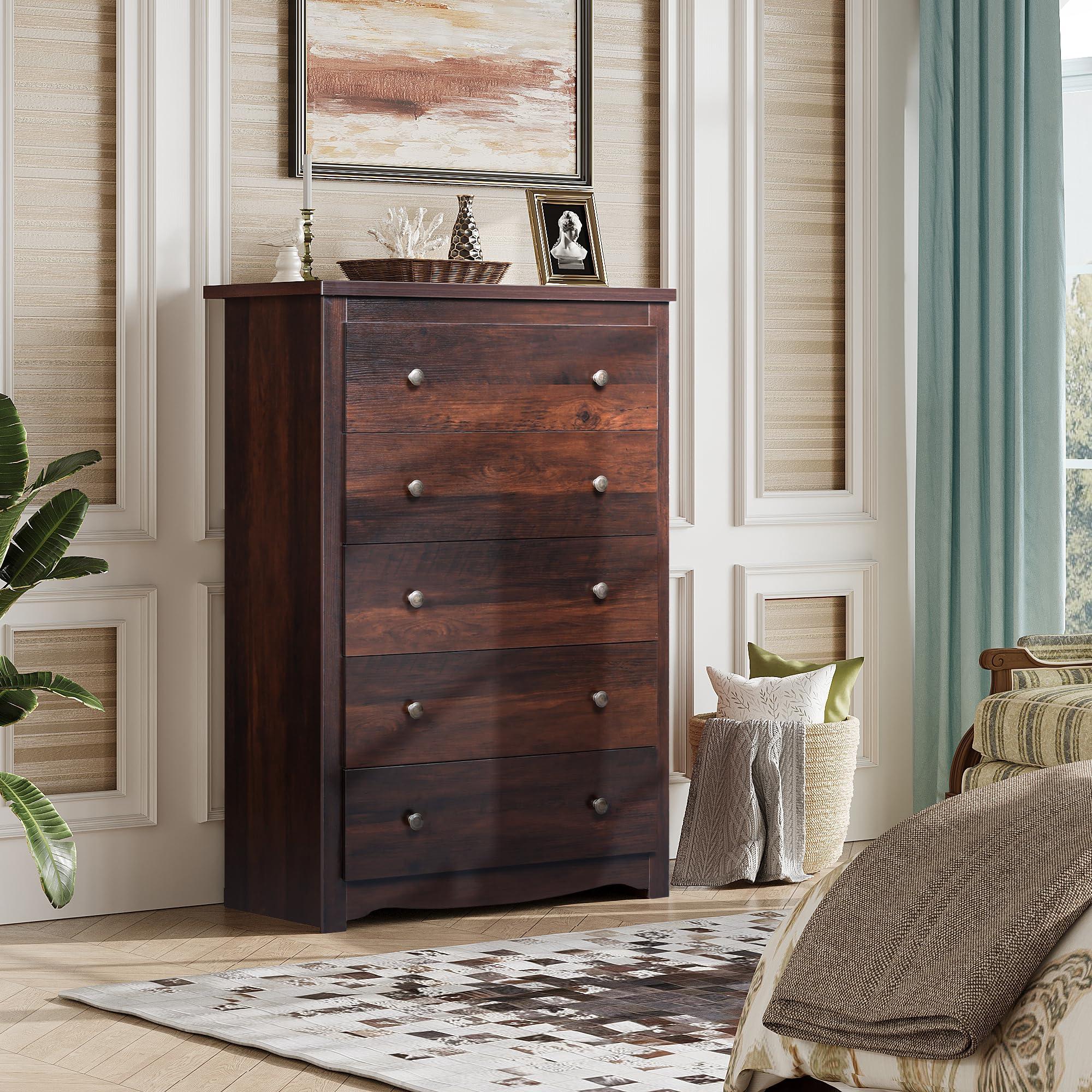 WLIVE WLIVE Wood Dresser with 5 Drawer, Cabinets Dressers Wood Dresser Cabinet, Organizer Drawers for Bedroom, Living, Hallway, Measuring 15.7\" W*31.4\" D*45.3\" H, Brown