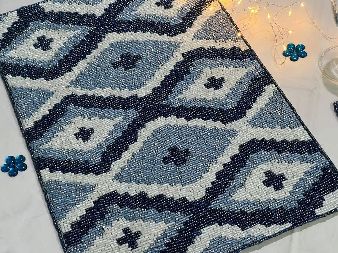 HM CREATION HM CREATIONS Set of 6 Placemats, Handmade Beaded Placemats, Geometrical Tablemats, Designer Charger Plates 12X15Inches (6)