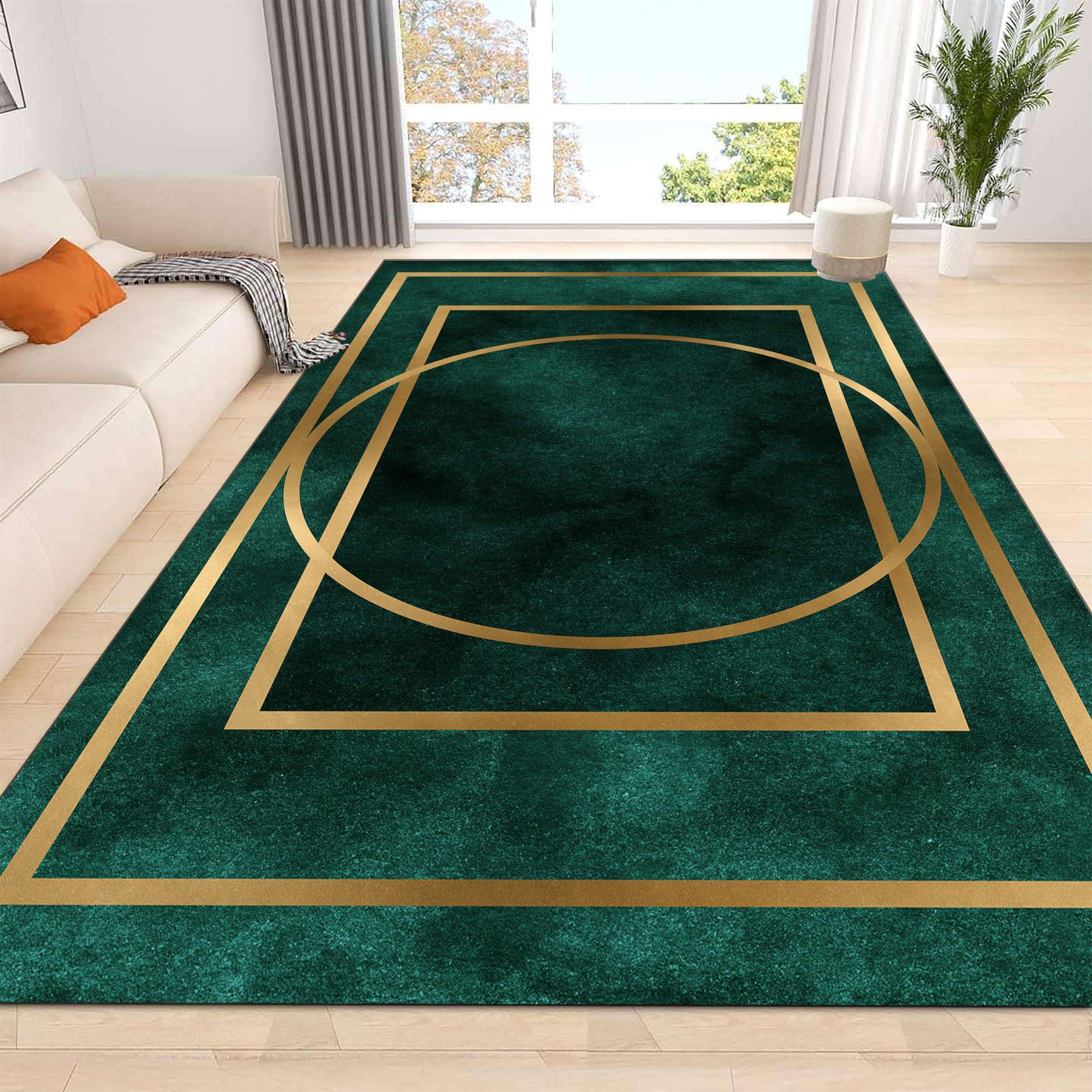 rugylsf rugylsf Emerald Green Marble Textured Area Rug - Non-Slip Washable Rug with Gold Border - Perfect for Bedroom, Dining Room, Office, and Kitchen Decor 3x5ft