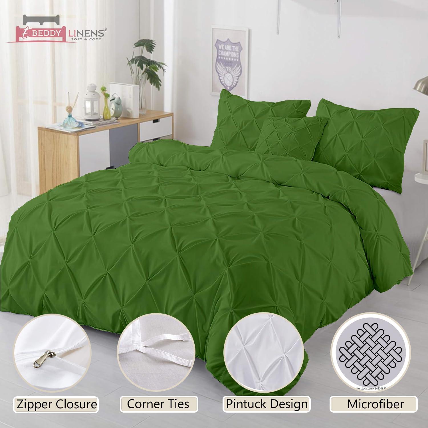 eBeddy Linens eBeddy Linens Pinch Pleated Pintuck Duvet Cover Set Full 80x90 Inch 100% Microfiber Soft and Breathable 3 Pieces Premium Comforter Cover Zipper Closure & Corner Ties, Moss