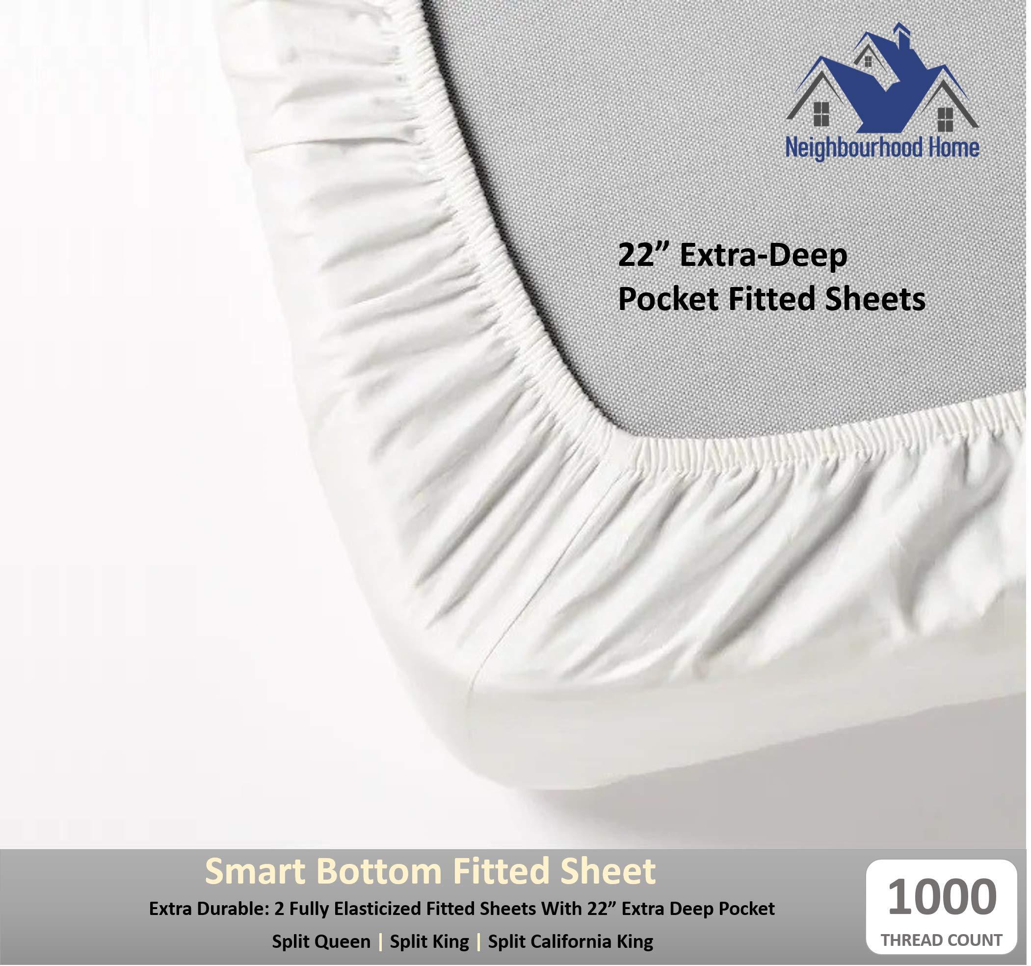 Neighbourhood Home Split California King Egyptian Cotton Sheets Sets for Adjustable Bed 22-Inch Extra Deep Pocket- 1000-Thread-Count, 100% Egyptian Cotton 5-PC Sheet Set Soft Breathable Sateen Weave - Mediterranean Blue