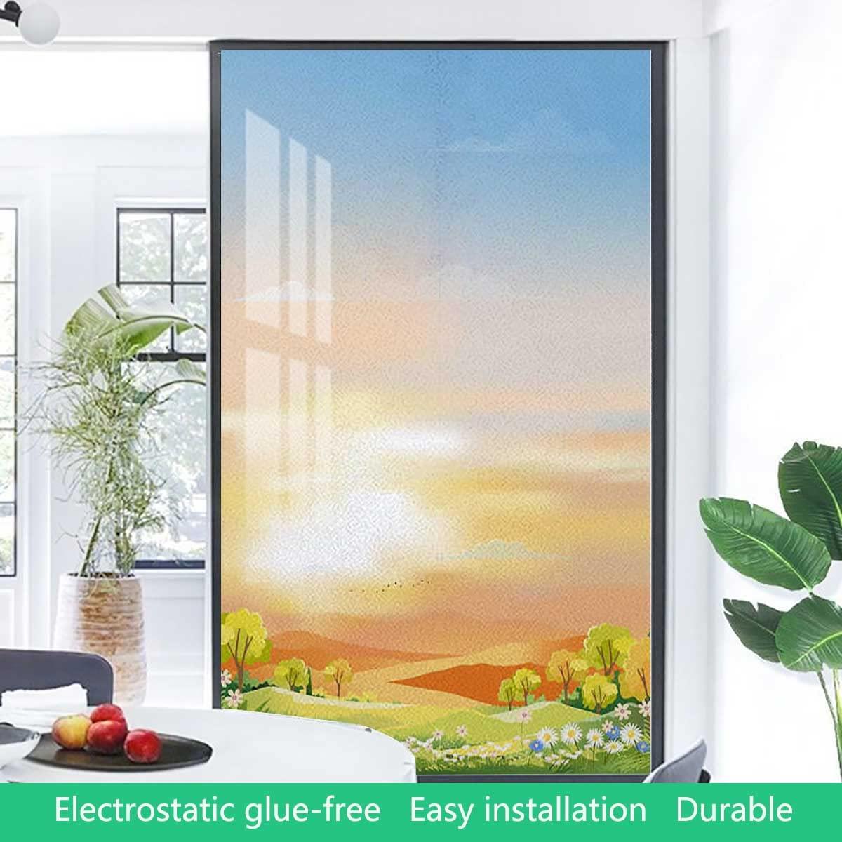 Generic Privacy Window Films, Decorative Window Tint Static Cling Glass Treatment ,Decoration, Heat Control, UV Prevention, Cartoon Farm Landscape Blue Green 17.7Wx23.6L-inch