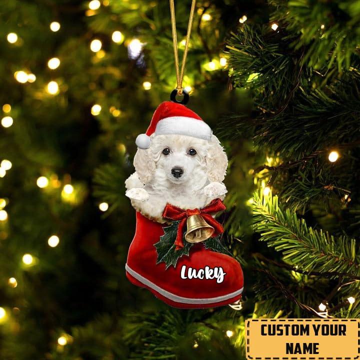 NAZENTI Personalized Toy Poodle White Ornament, Toy Poodle White Christmas Ornament, Dog in Santa Boot, Dog Christmas Ornaments, Dog Ornament