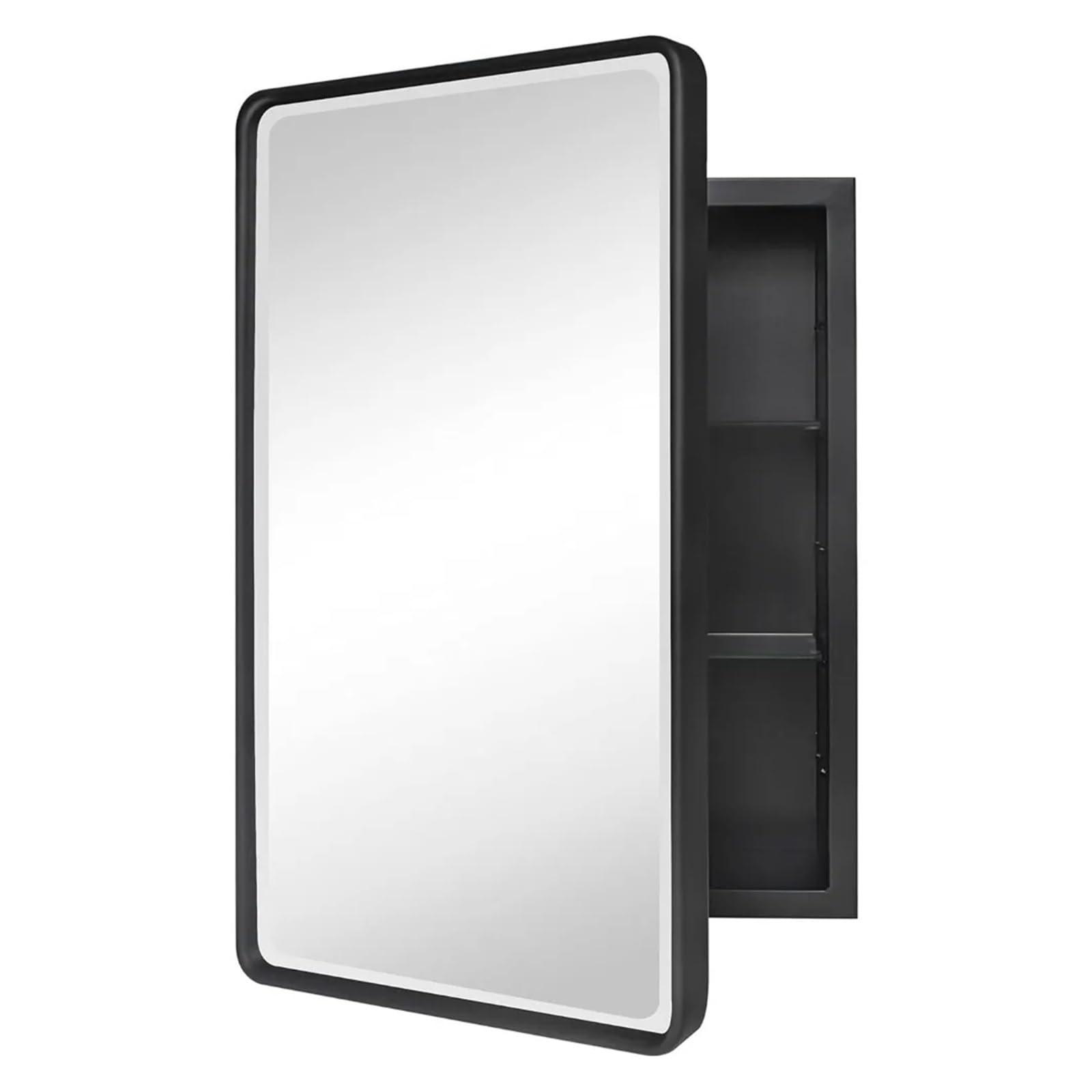 ECBCUEG ECBCUEG Black Metal Frame Recessed Bathroom Medicine Cabinet with Beveled Mirror Rounded Rectangular Bathroom, Framed Wall Mounted Mirror