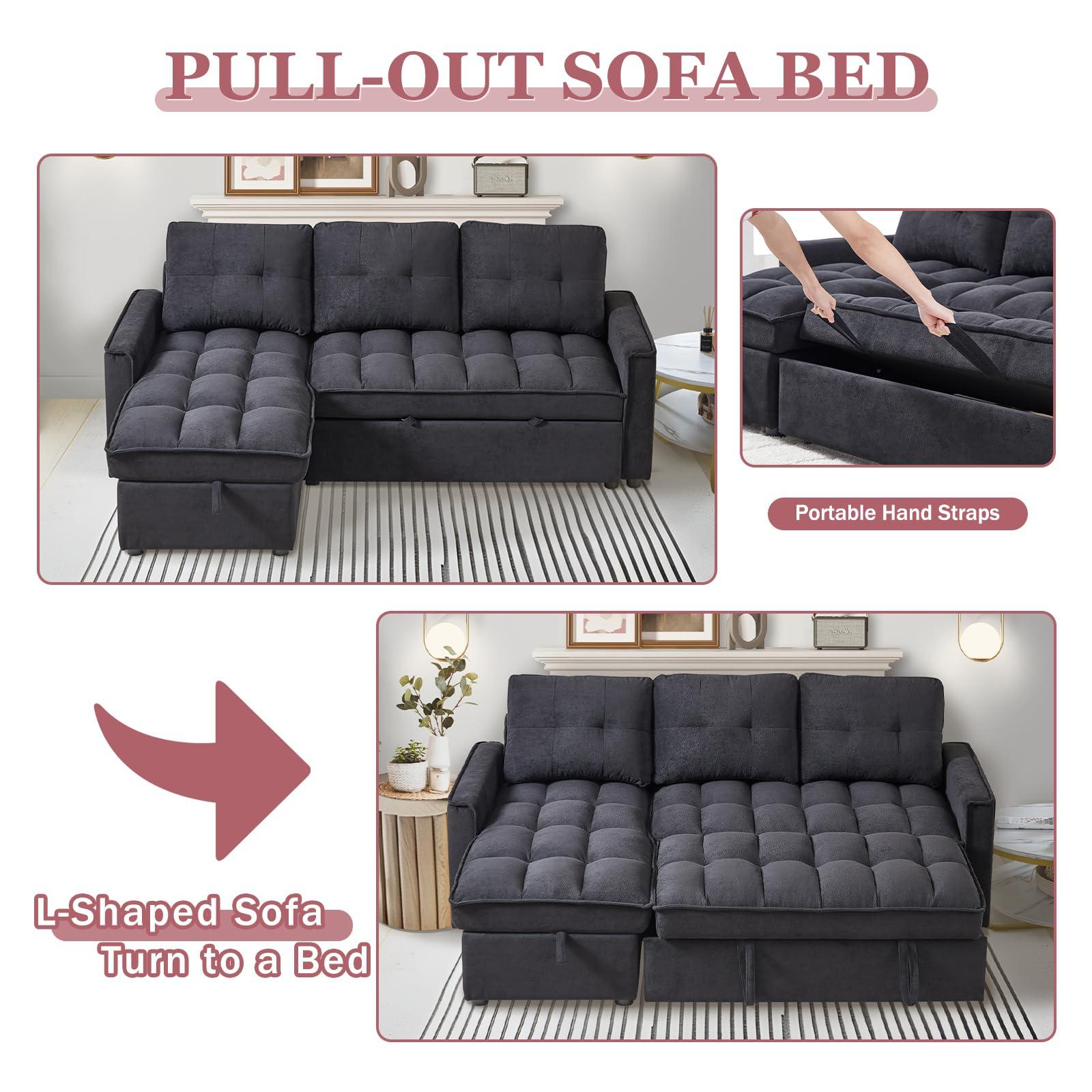 XUWANSHANG 78.75"L Shaped Sleeper Sofa Couch,Chenille Pull Out Couch,Reversible Sectional Sofa Bed with USB and Tape-c,Sleeper Sectional Sofa with Side Pockets,4 in 1 Pull-Out Sofa bed for Living Room (Black)