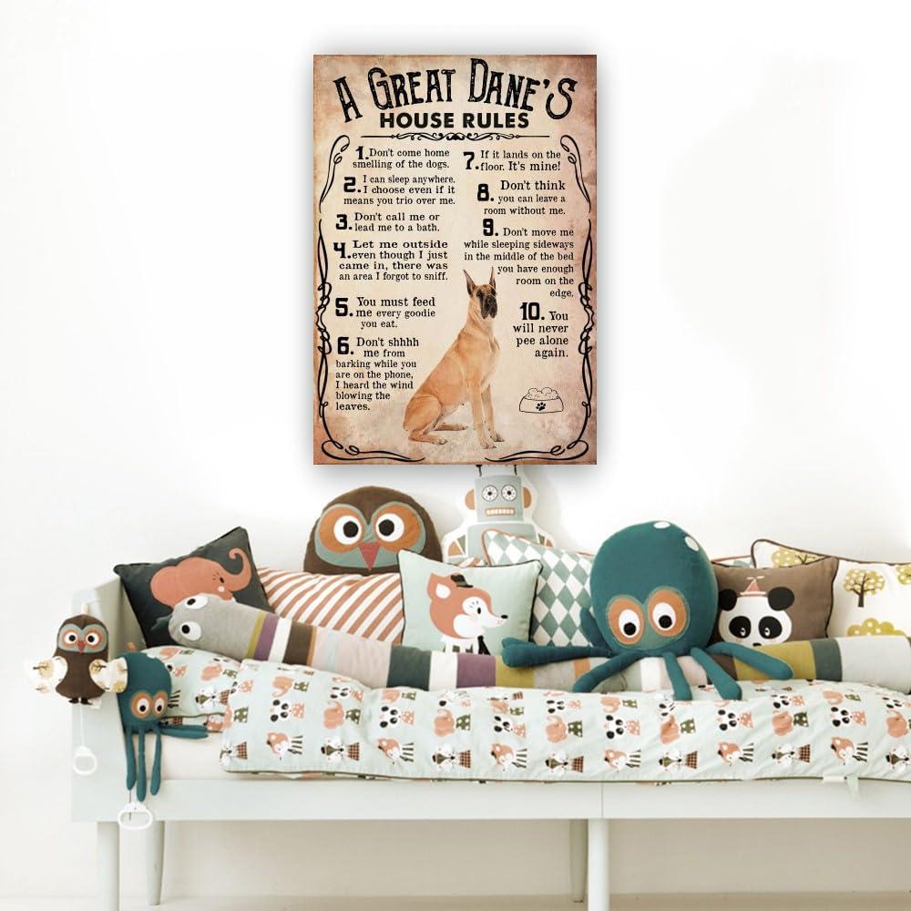 Jinwaftv Jinwaftv Great Dane Dog Poster House Rules Retro Poster Canvas Painting for Bedroom Wall Decor for Kitchen Giclee Print on Canvas Picture Printing (8.00\'\'x12.00\'\',Unframed)