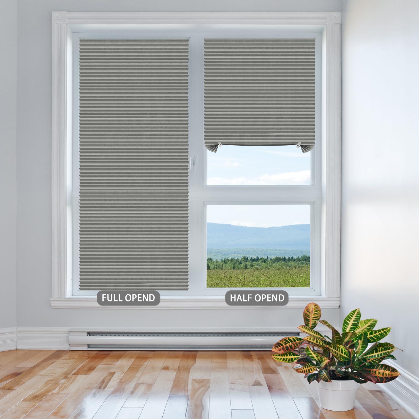 Jlong Paper Blackout Shades for Indoor Windows Temporary Cordless Paper Pleated Adhesive Blinds No Drill Privacy Fabric Window Coverings Stick on Blinds No Tools Curtains (1, Grey, WxH/47x83Inches)