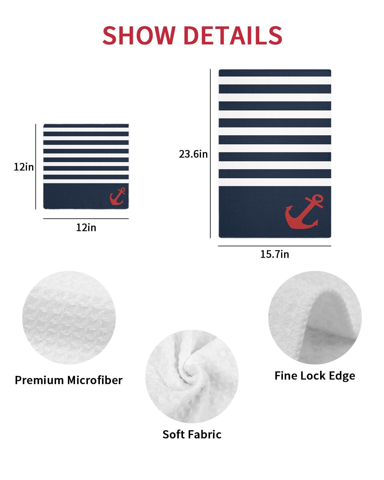 Falaniique Navy Waffle Kitchen Dish Towels Set of 2,Super Absorbent & Quick Dry Hair Hand Bath Tea Golf Microfiber Towel,Soft Gym Towel Cleaning Dish Washcloth,Summer Beach Blue Stripes Nautical Anchor 12\"x12\"