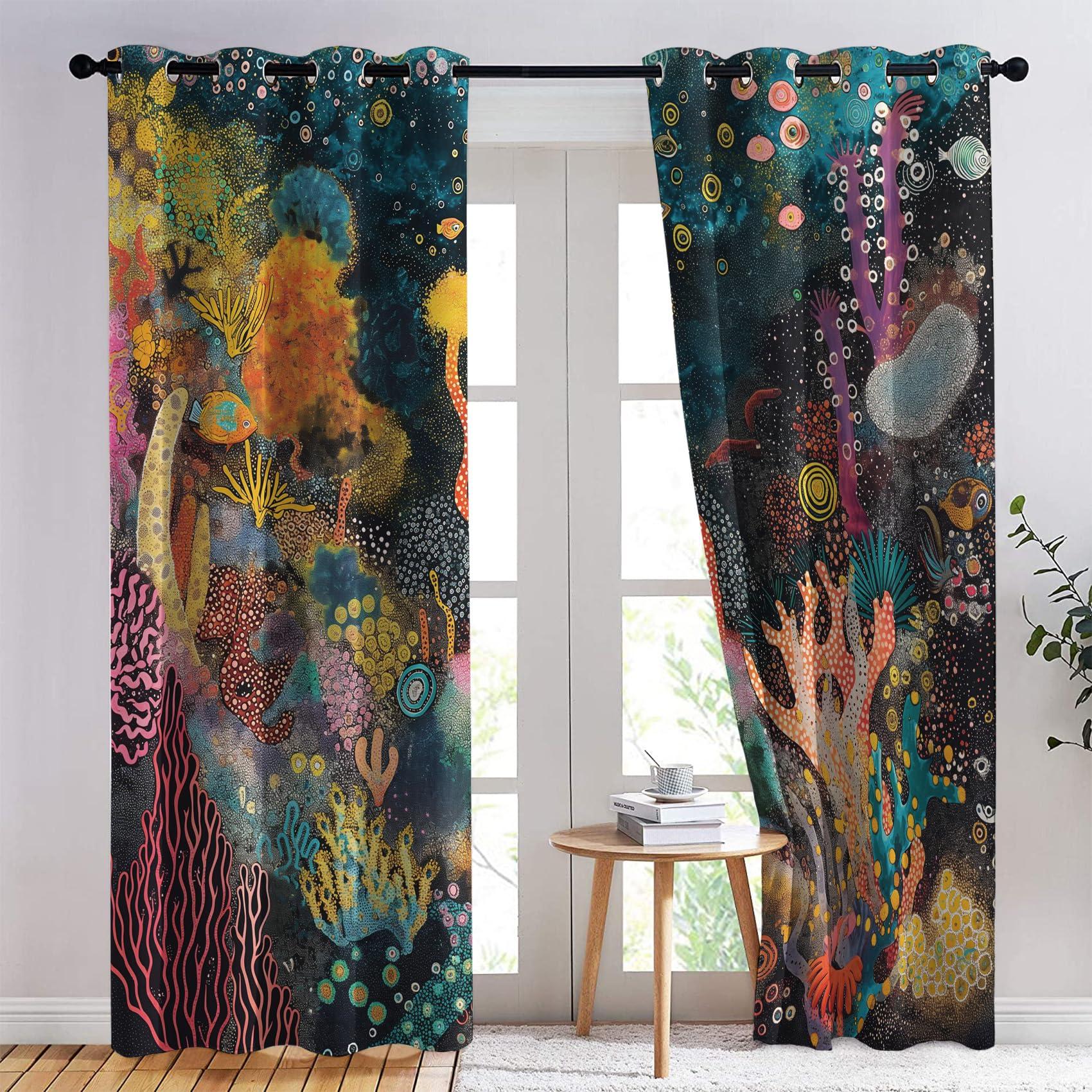 HomeLoft Basics Fish Coral Curtains, Ocean Blackout Curtains for Bedroom, Thermal Insulated Room Darkening Grommet Drapes for Living Room, Window Treatments, 63 Inch Curtains 2 Panel Set - K&T61