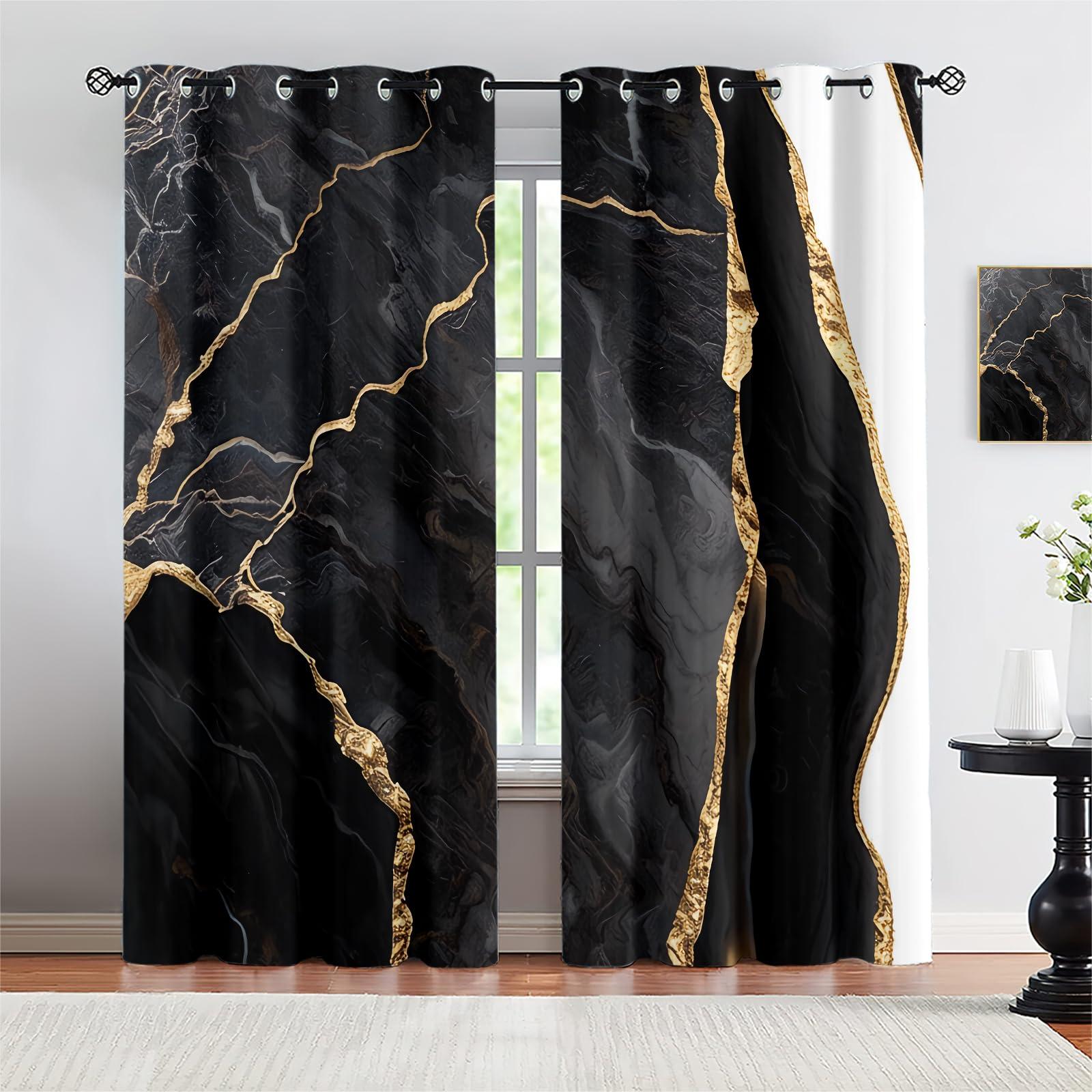 LNUEFE Abstract Black Grey Marble Blackout Curtains, Black and White Marble Golden Stripes Curtain Panels for Bedroom - Grommet Thermal Insulated Room Darkening Curtains for Living Room 108" W x 84" L