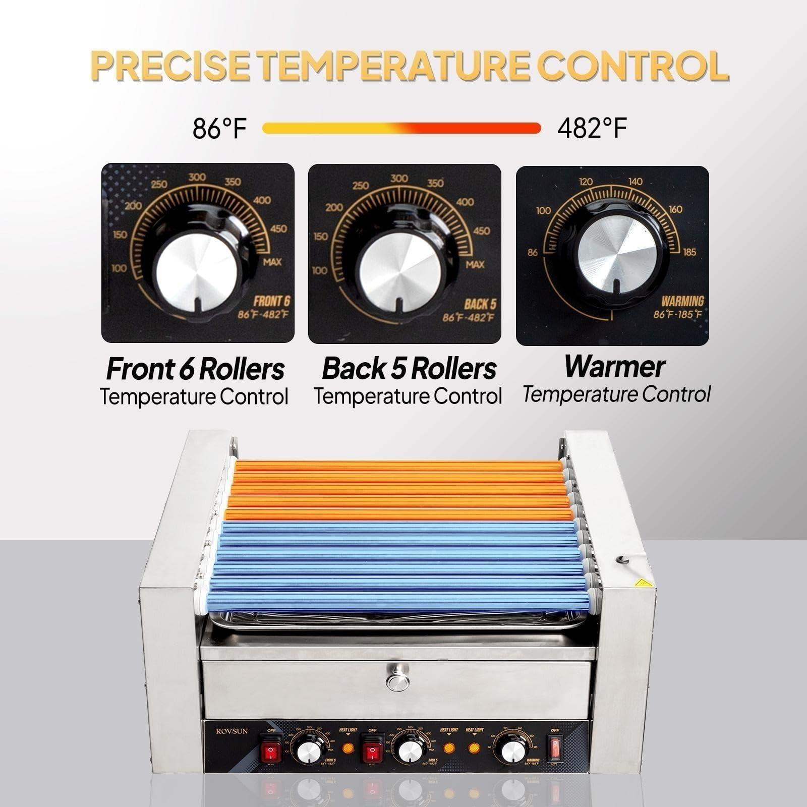 ROVSUN ROVSUN 30 Hot Dog 11 Roller, Hot Dog Roller Warmer Grill Cooker Machine w/Bun Warmer, Cover, Dual Temp Control, LED Light, Removable Shelf & Drip Tray for Party Home Commercial 2000W ETL Certified