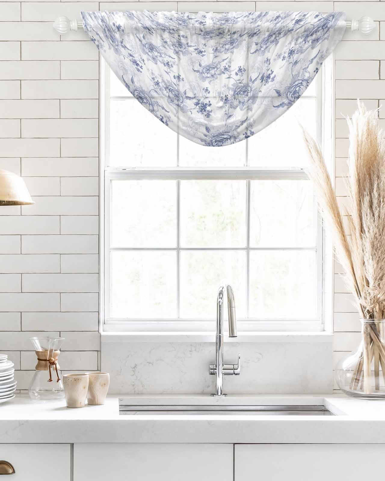 TocaHome TocaHome Swag Curtains Waterfall Valances for Windows, Spring Flower Roses Plant Valance for Living Room, Blue Background Window Scarf Curtain for Bathroom/Kitchen, 38.5x47.2 Inch