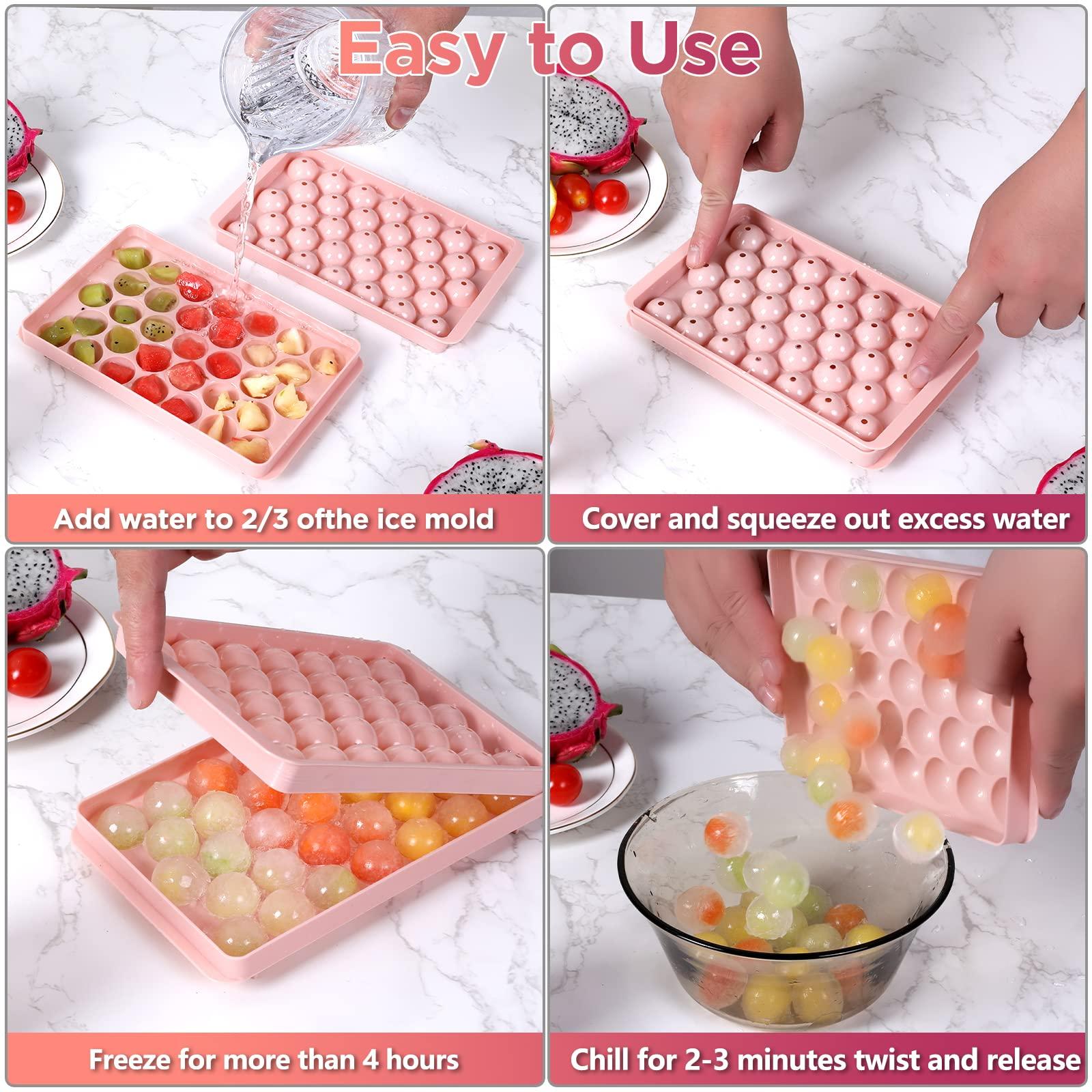 Volpeblu Round Ice Cube Trays 3 Pack Circle Ice Ball Maker Mold Small Round Ice Cube Trays for Freezer with Lid & Bin Mini Sphere Ice Tray for Cocktail Coffee Juice Chilled Whiskey (Pink)