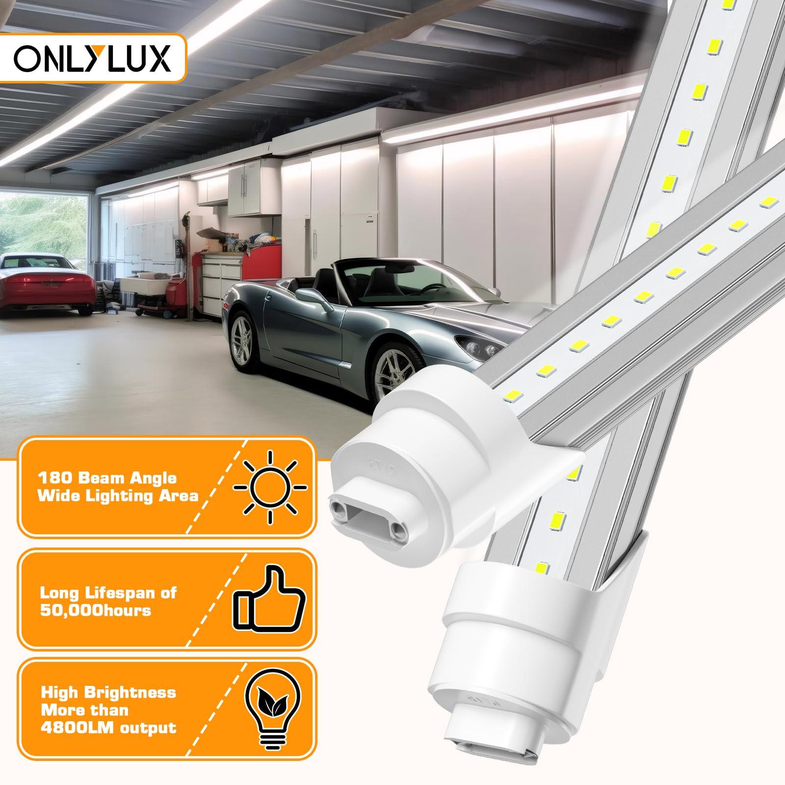 ONLYLUX ONLYLUX 8ft R17D LED Tube Light, F96t12 HO 8 Foot Led Bulbs, 96'' 8ft led Shop Light to Replace T8 T12 Fluorescent Light Bulbs, 100-277V Input, 4800LM, Cold White 6000K, Clear Lens (10 Pack)