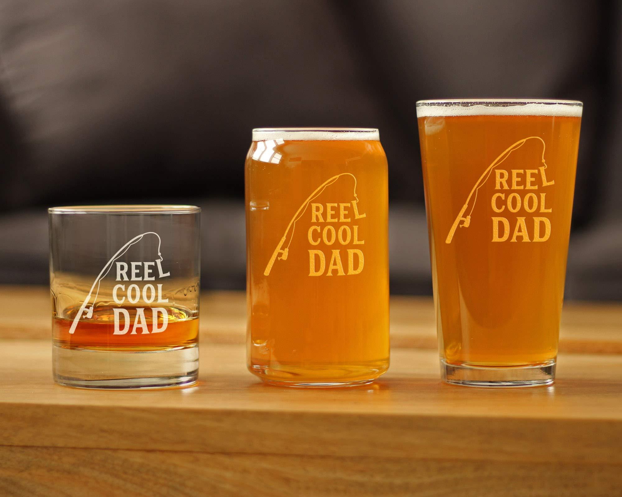 Bevvee Reel Cool Dad - Funny Whiskey Rocks Glass - Fishing Gifts for Fathers - Engraved 10.25 oz Glasses - Fun Fish Cups