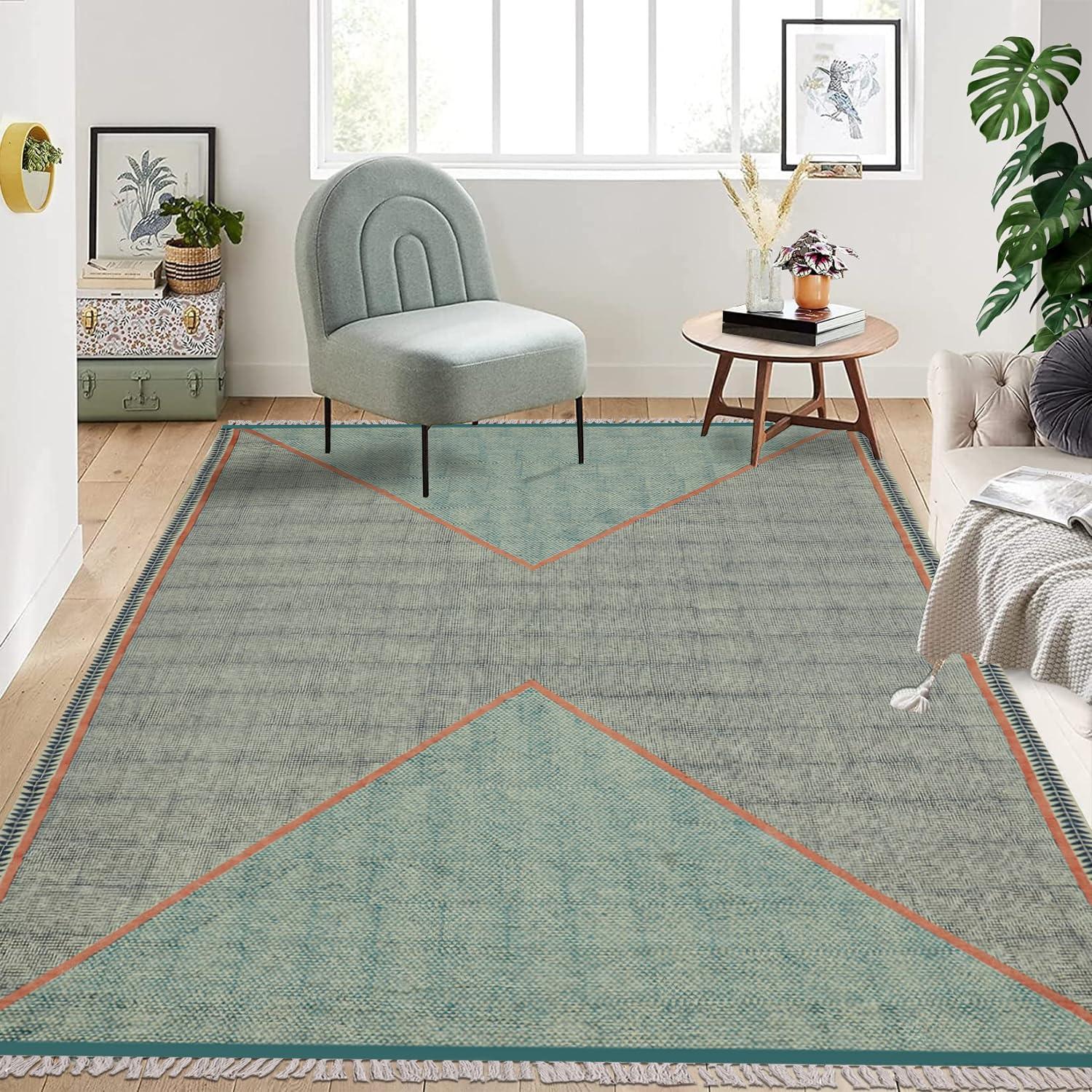 CASAVANI Area Rug 12x18 Kilim Rug Blue & Pink Cotton Dhurrie Striped Thick 0.19 inches Stone Easy Washable Rug Hand Wash Cotton Carpet Flatweave Rug Indoor Outdoor Rugs for Living Room, Bedroom