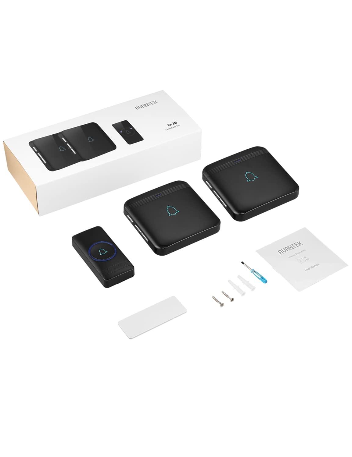AVANTEK AVANTEK Wireless Doorbell, D-3B Waterproof Door Chime Kit Operating at over 1300 Feet with 2 Plug-In Receivers, 52 Melodies, CD Quality Sound and LED Flash