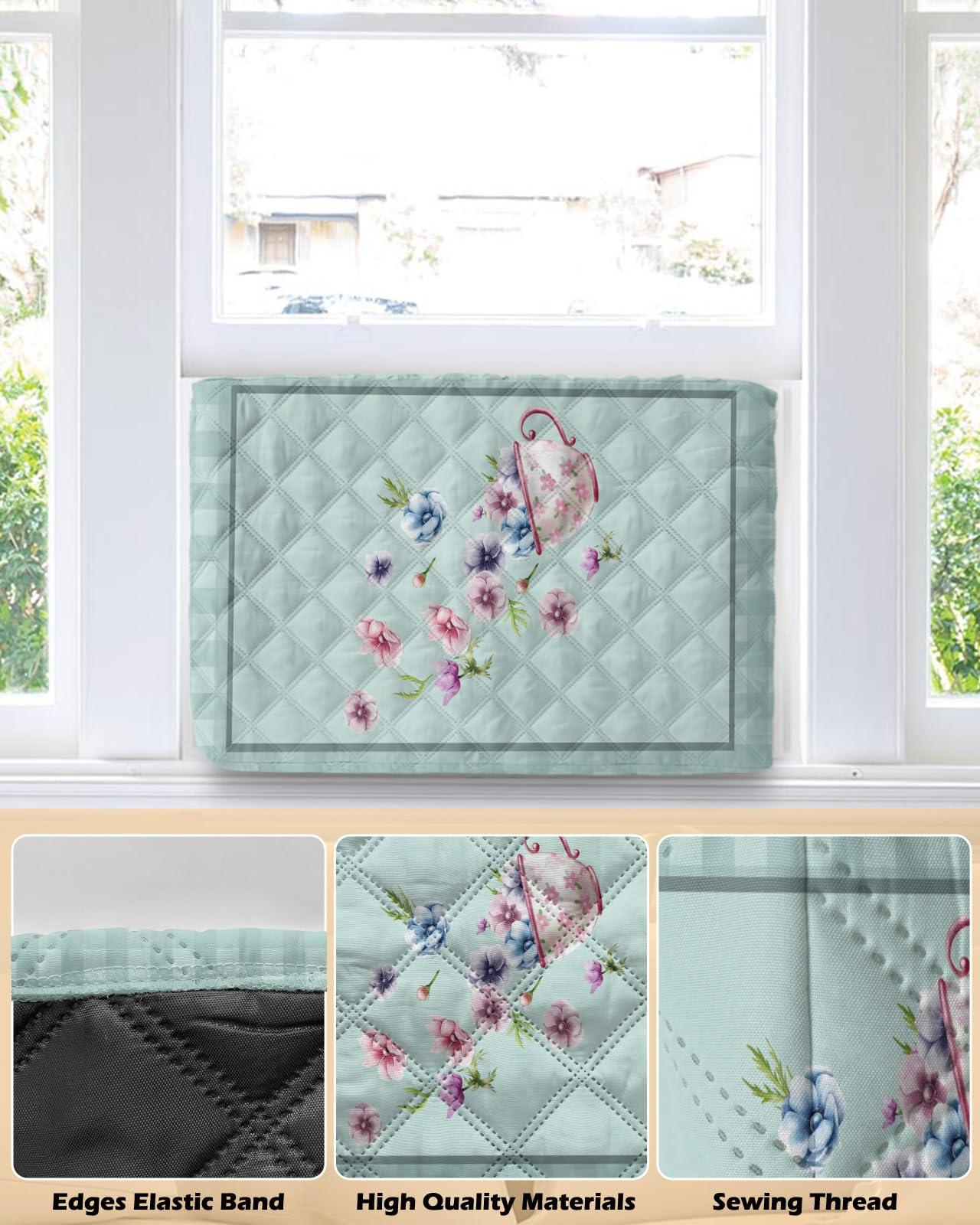 T&H XHome Indoor Air Conditioner Cover - Beautiful Dreamy Flower Cup SplashINg Cyan Buffalo Check Plaid Double Waterproof Adjustable Inside WINdow AC Unit Cover Parts with Free Elastic Straps, 21x15x3.5IN