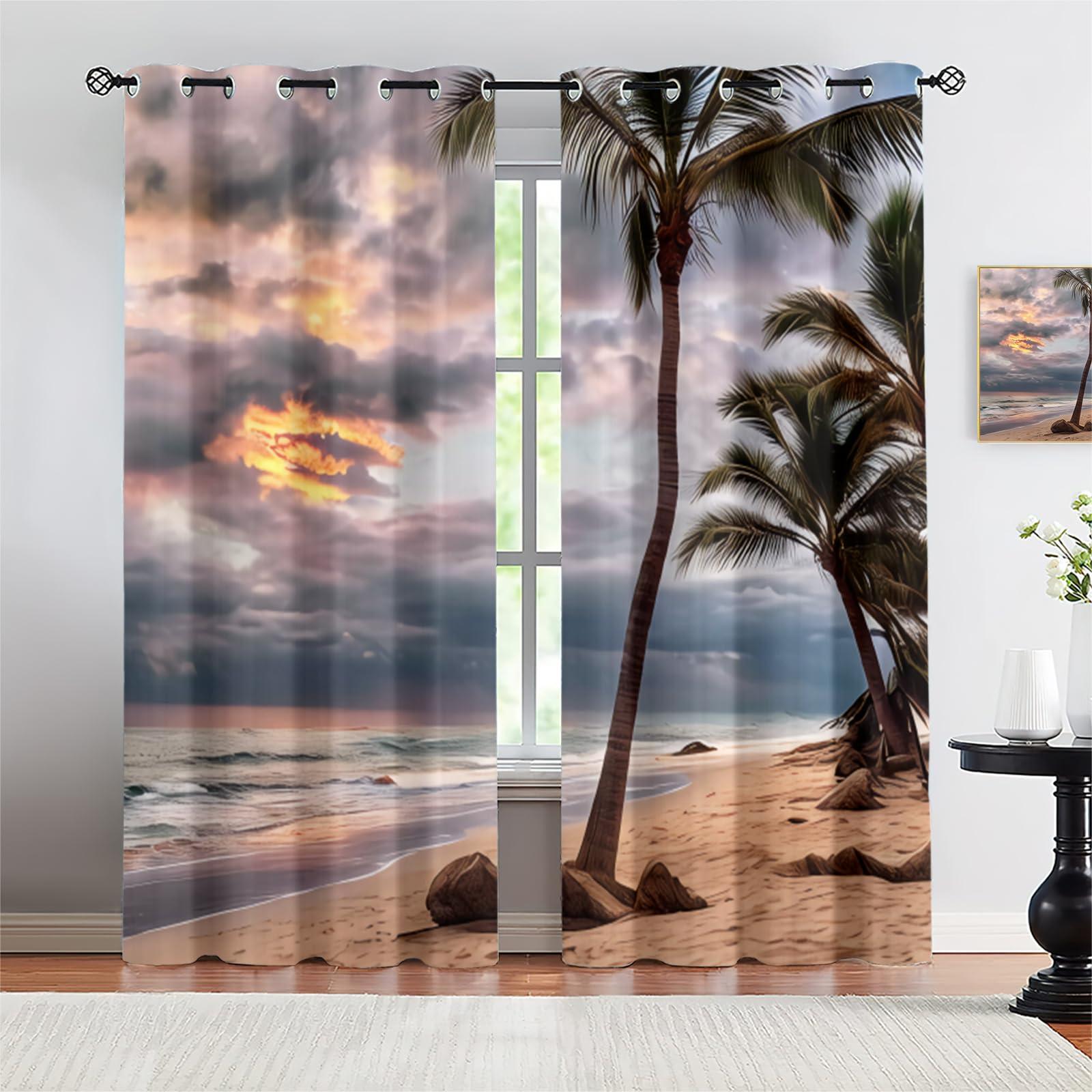 UHKGDS Grey Dark Cloud Sky Insulated Curtains, Tropical Beach Theme Grommet Window Drapes, Ocean Palm Tree Beach Seaview Blackout Curtain, For Boys Girls Bedroom Playroom Living Room Home Decor-W72xL63in