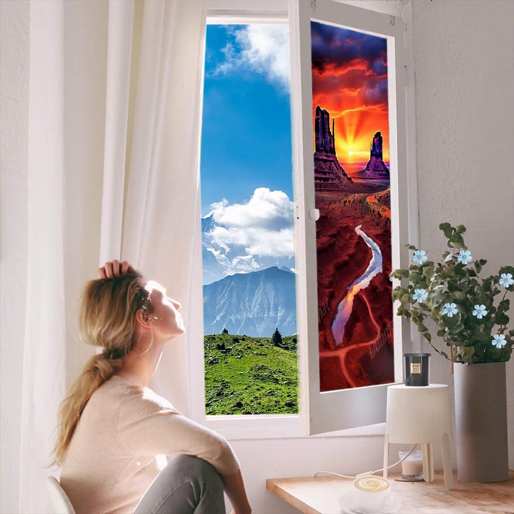 SOPIYRIO SOPIYRIO Fantasy Desert Stained Glass Window Film Beautiful Sky Sunset Monuments Privacy Window Film Non-Adhesive Glass Film Decorative Static Cling Film for Home Office 35.4Wx55.1L inch