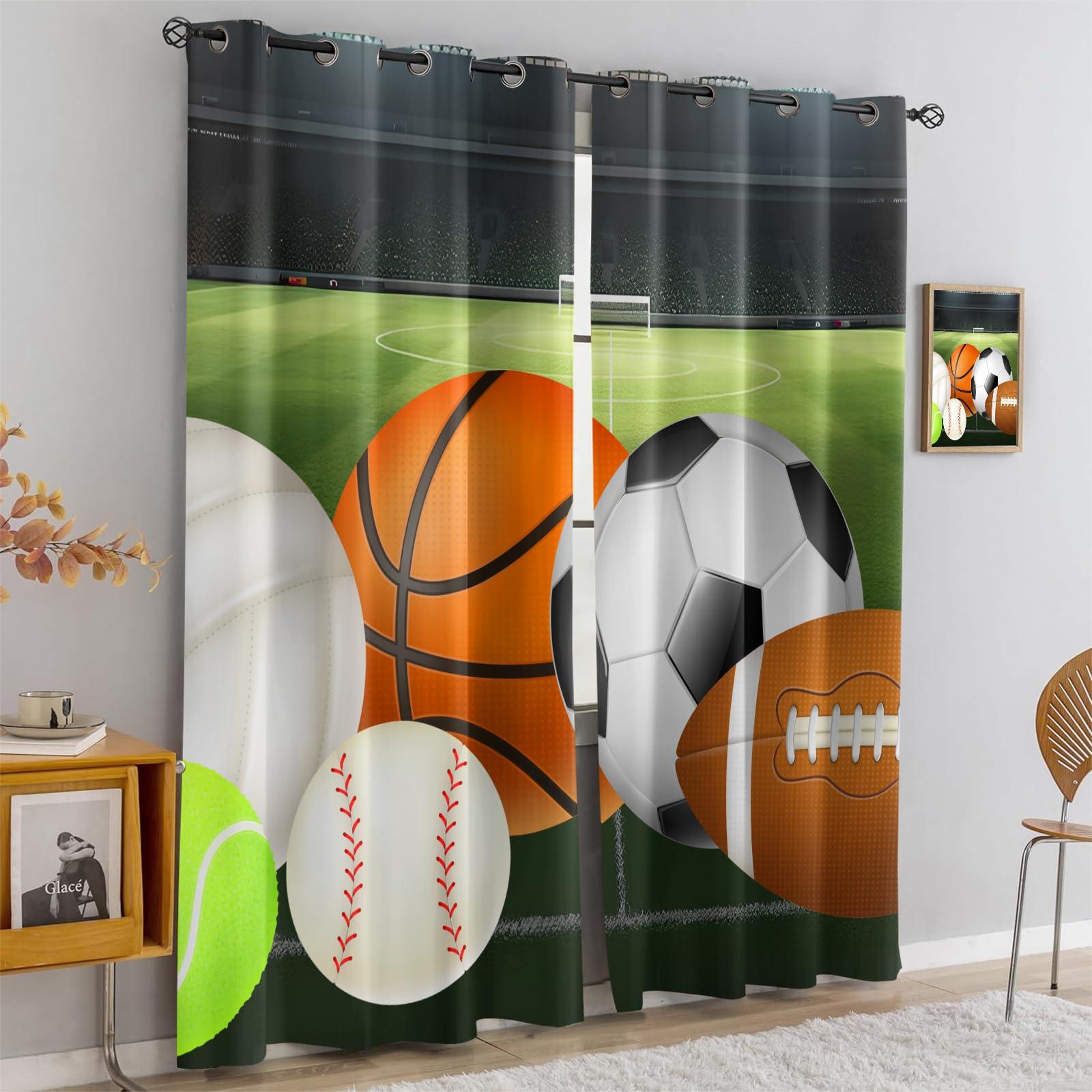CTTELUN Basketball Football Baseball Window Curtains, Green Court Sports Darkening Grommet Drapes, Thermal Insulated Room Darkening Window Treatments for Boys Room Playroom Nursery 39.5"W x 63"L x 2 Panels