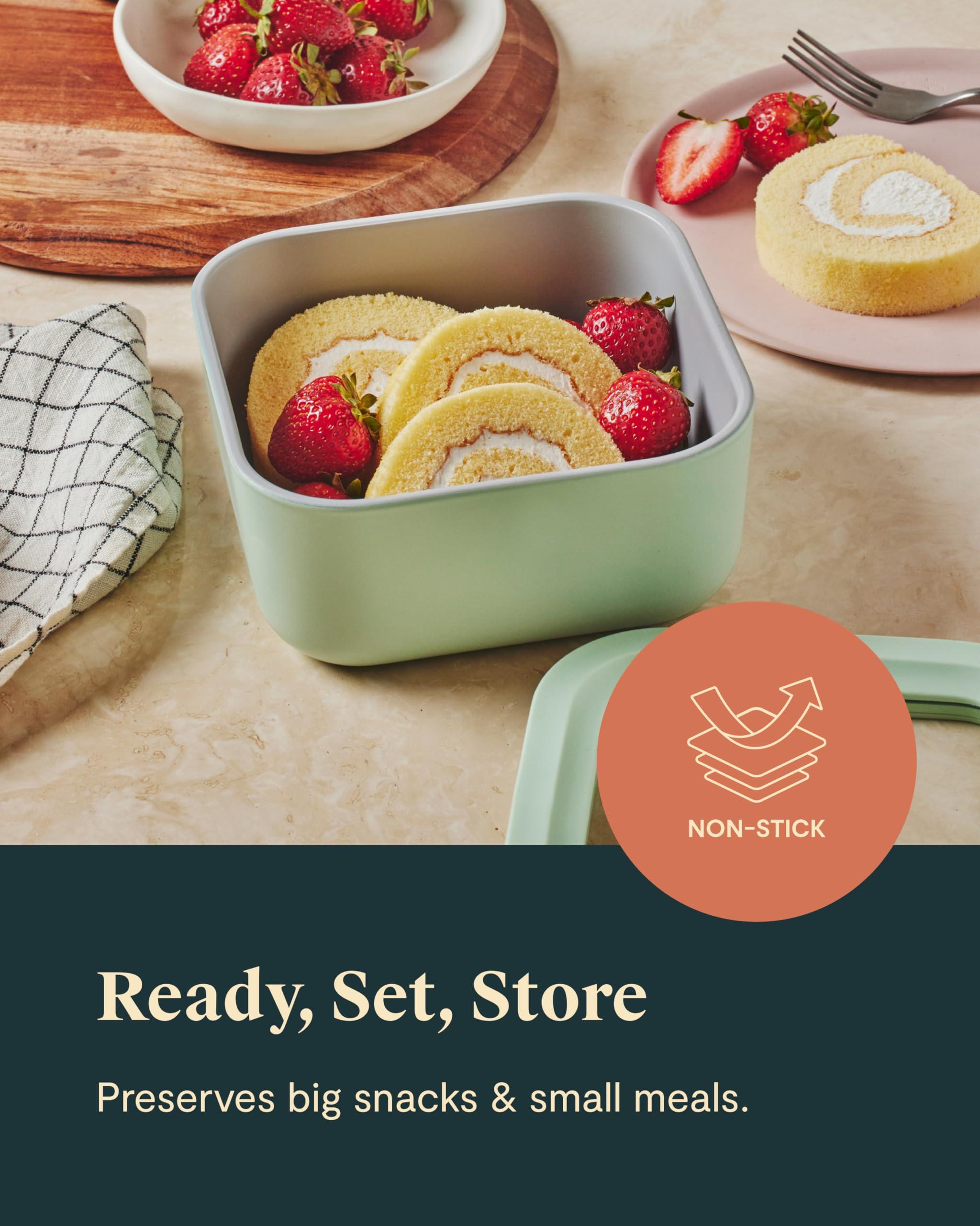 Caraway Caraway Glass Food Storage, 10 Cup Glass Container - Ceramic Coated Food Container - Easy to Store, Non Toxic, Non Stick Lunch Box Container with Glass Lids. Dishwasher, Oven, & Microwave Safe - Sage