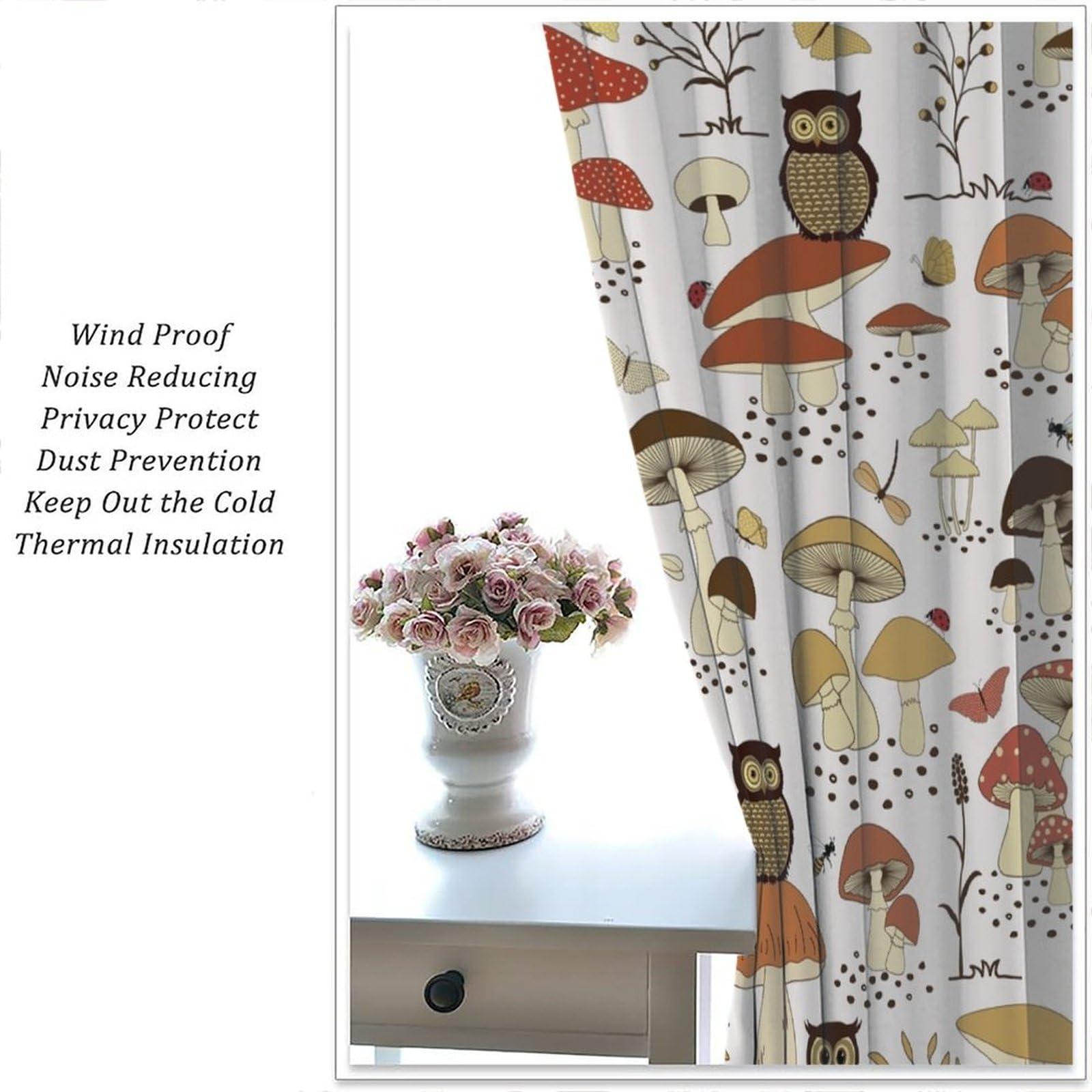 KANEPE Mushroom Blackout Curtains, Funny Cartoon Owls and Cute Cartoon Mushrooms Window Treatments, Rod Pocket Thermal Insulation Drapes for Bedroom Living Room Kitchen Decor, 55" W X 63" L