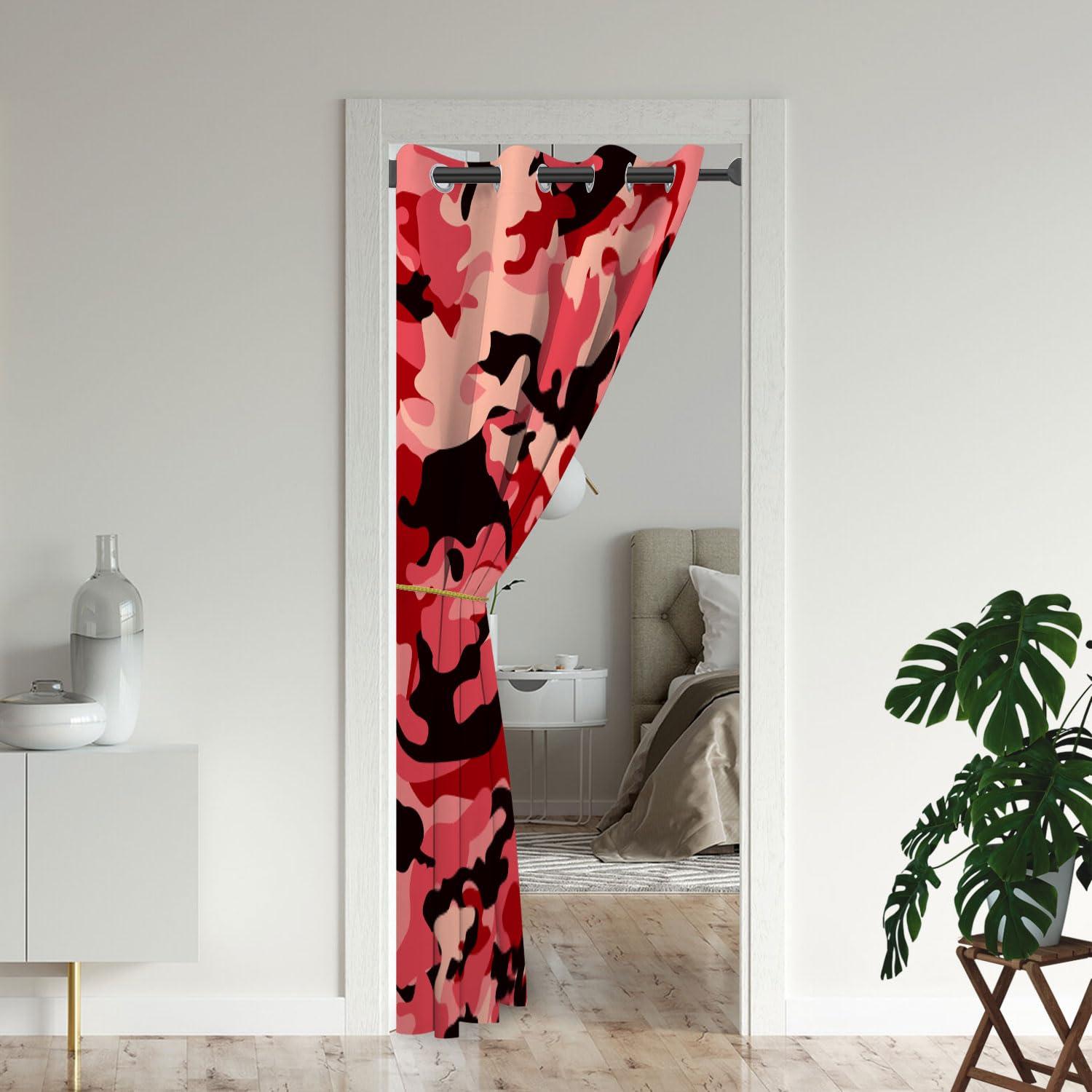 Czrouz Camo Red Door Curtains for Doorways, Abstract Black Pink Hunter Army Camouflage Blackout Curtain for Kids Bedroom Closet, Grommet Thermal Insulated Privacy Door Drapes for Room Divider, 42" W x 80" L