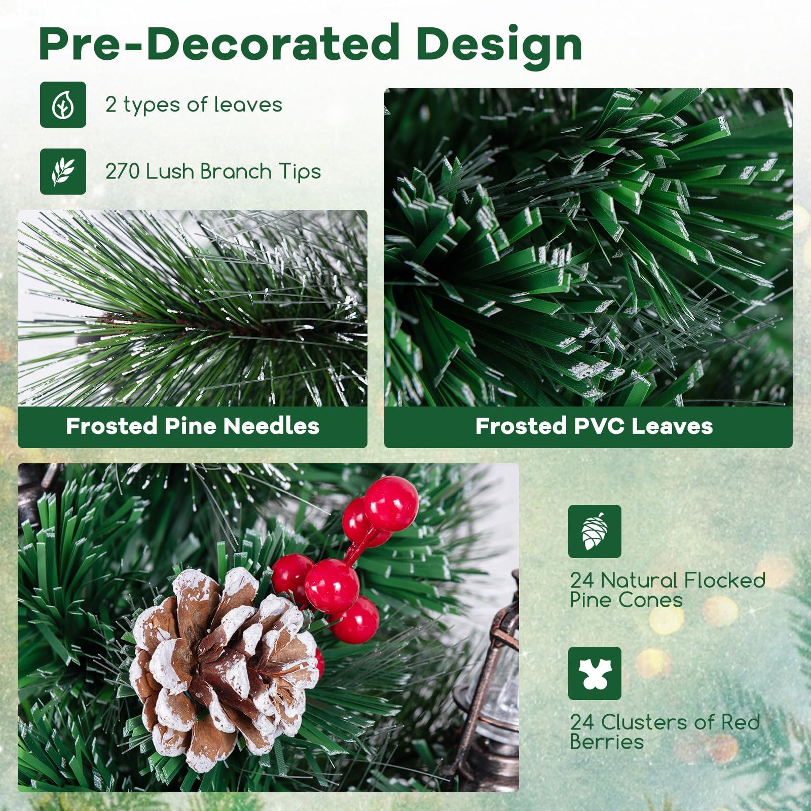 Goplus Goplus 7ft Pre-Lit Fiber Optic Christmas Tree, Artificial Snowy Xmas Tree with 80 Warm White LED Lights, 8 Modes, 270 PVC Leaves & Pine Needles, Pine Cones, Red Berries, Office Home Decoration