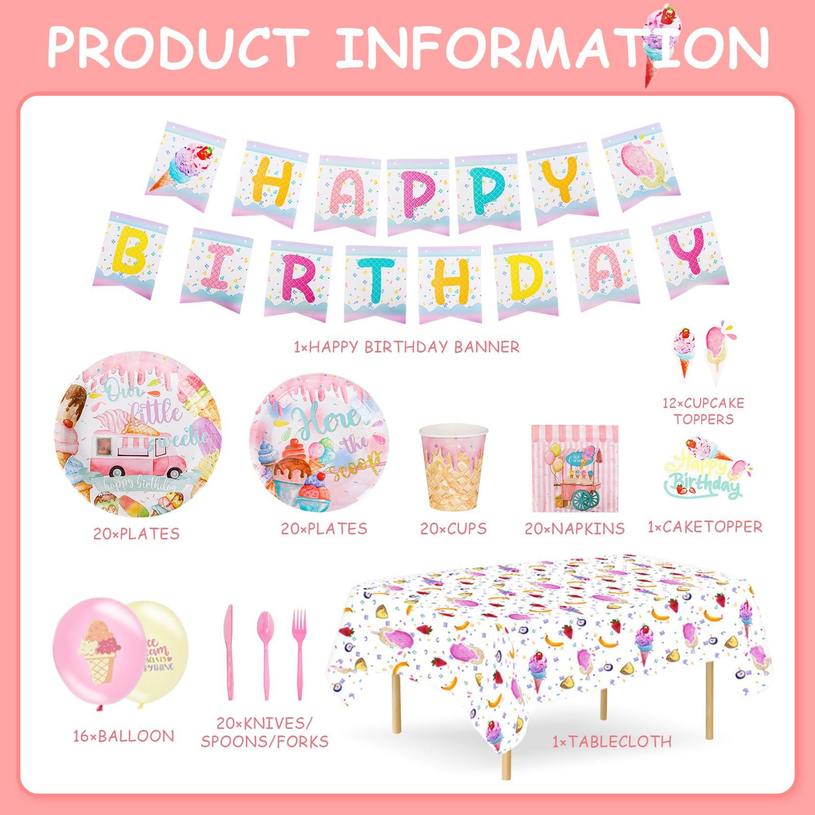 Qonmpcvu Qonmpcvu 183 PCS Ice Cream Party Decorations, Ice Cream Birthday Party Supplies, Ice Cream Party Supplies Set, Ice Cream Backdrop Tablecloth With Vibrant Paper Plates, Napkins, Cups Serve 20 Guests