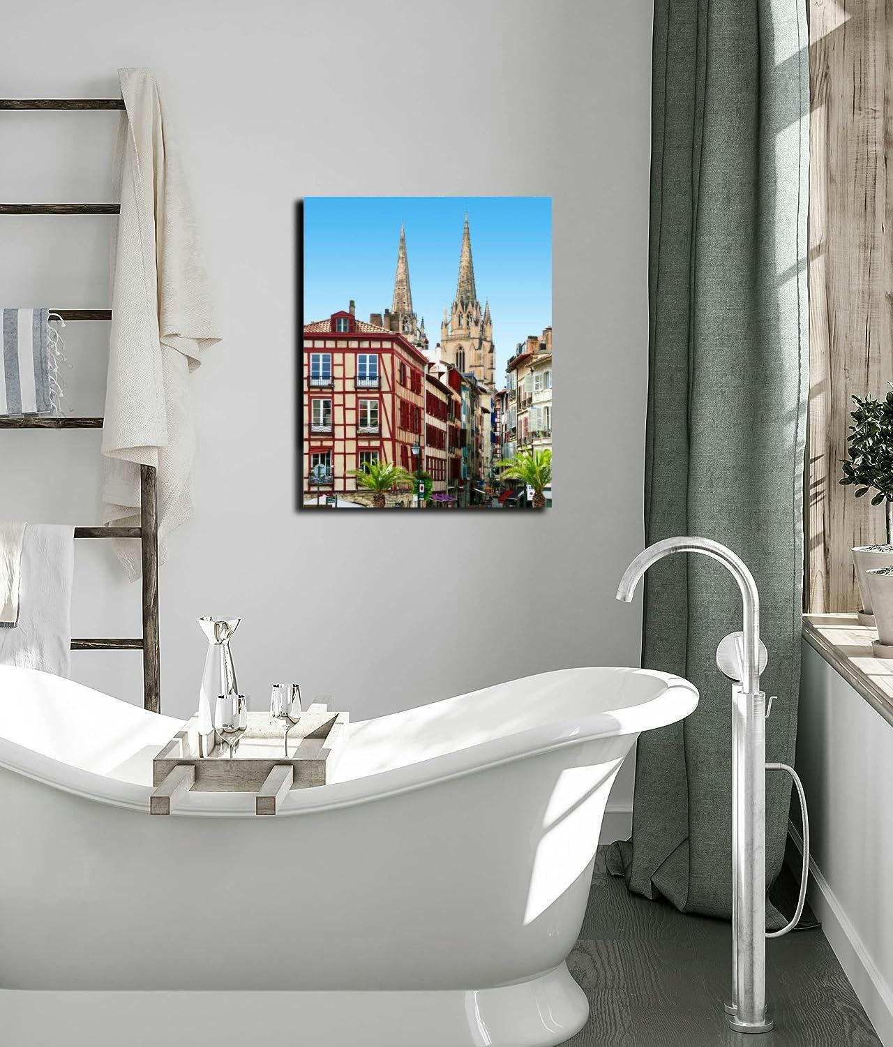 CLOGGS Bathroom Wall Art Decor Bathroom Pictures for Wall Artwork Bayonne France French Basque Country House France Town Framed Canvas Wall Art for Bedroom Dining Room Farmhouse 16\"x20\"
