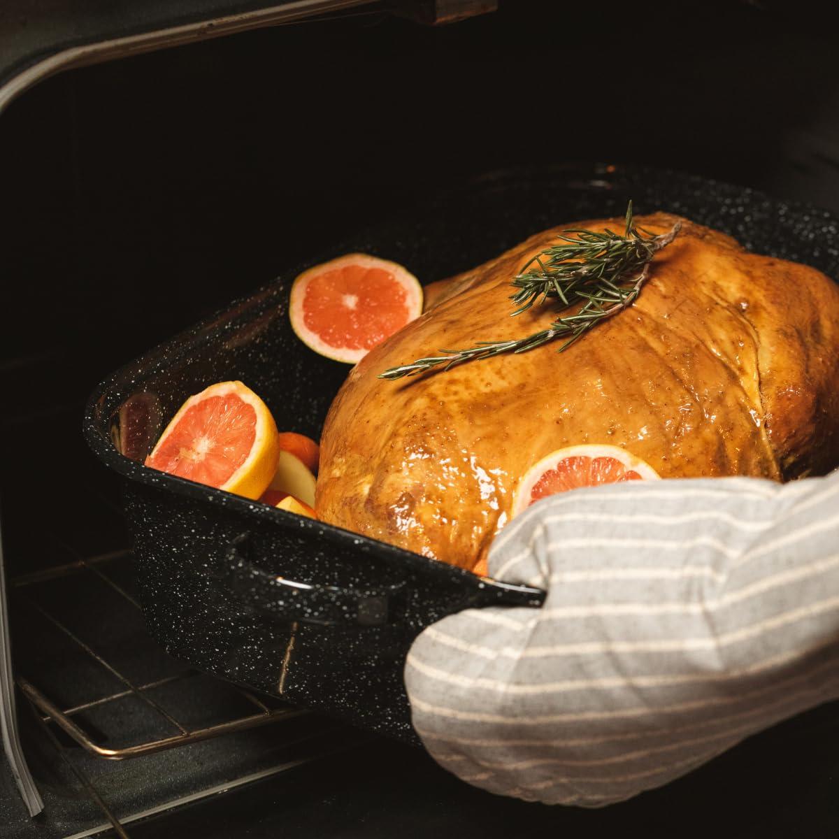 Granite Ware Granite Ware 21 in Oven Rectangular Roaster with lid. (Speckled Black) - Accommodates up to 25 lb poultry or roast.
