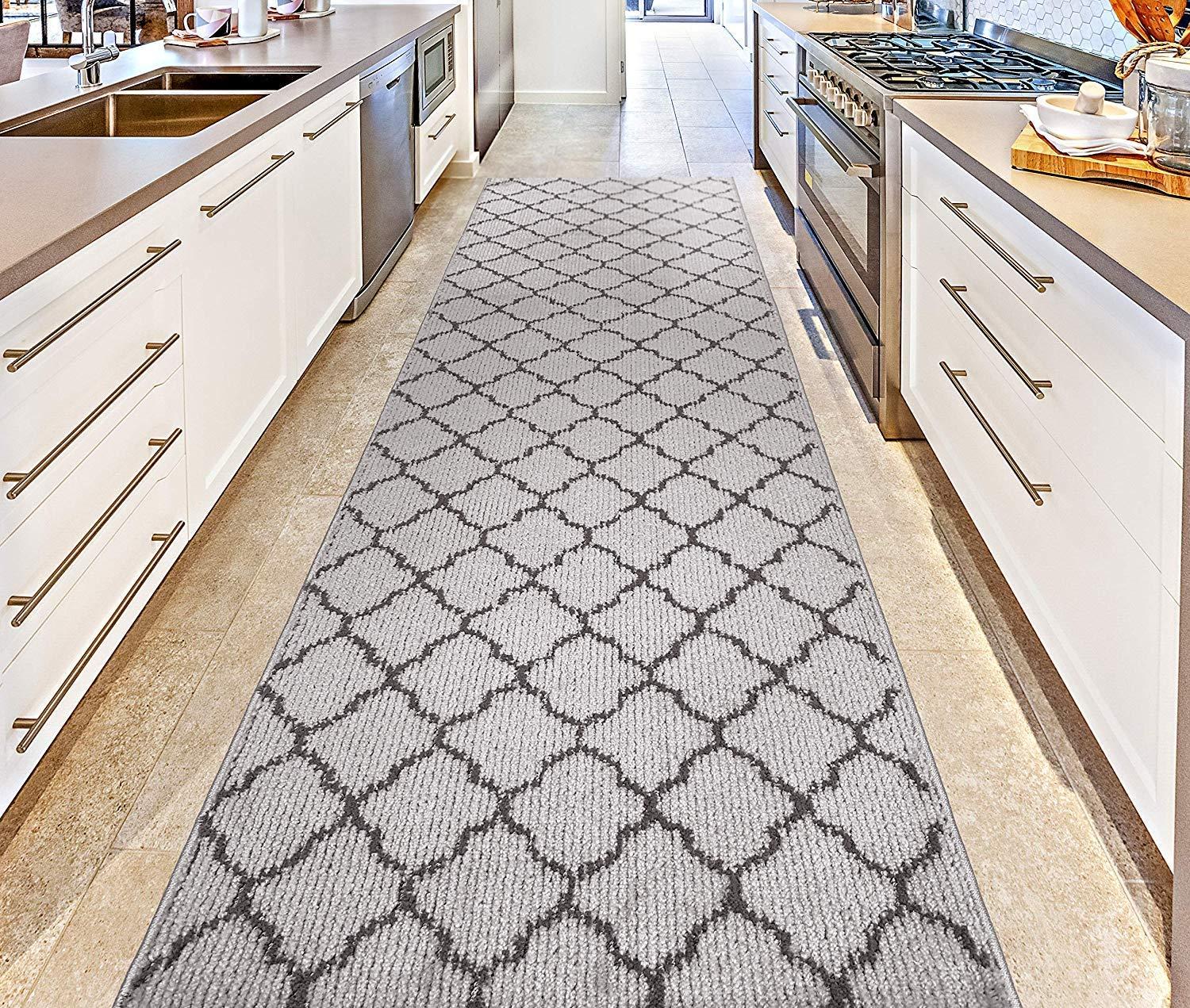 REMNAZ HOME DECOR Custom Size Modern Runner Rug Carpet for Hallway Entryway Foyer Kitchen, Slip Resistant Latex Rubber Backed 31 inch Wide X Customized Length, Trellis Grey, 31 inch X 14 feet