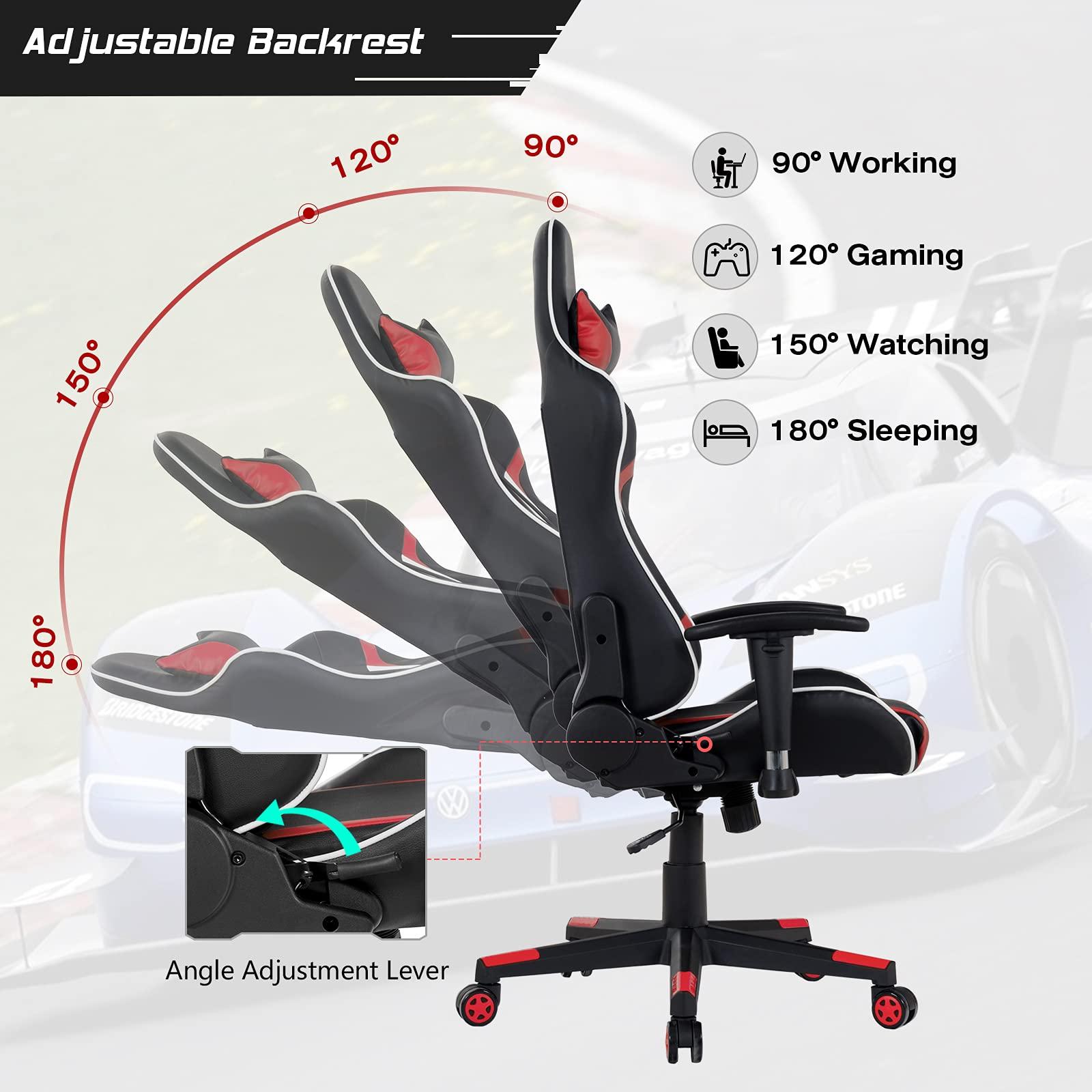 GYMAX GYMAX Gaming Chair, Massage Gaming Chairs for Adults with Headrest, Lumbar Support & Armrest, Video Computer Reclining Gaming Chair, Office Desk Gamer Task Chair (Red)