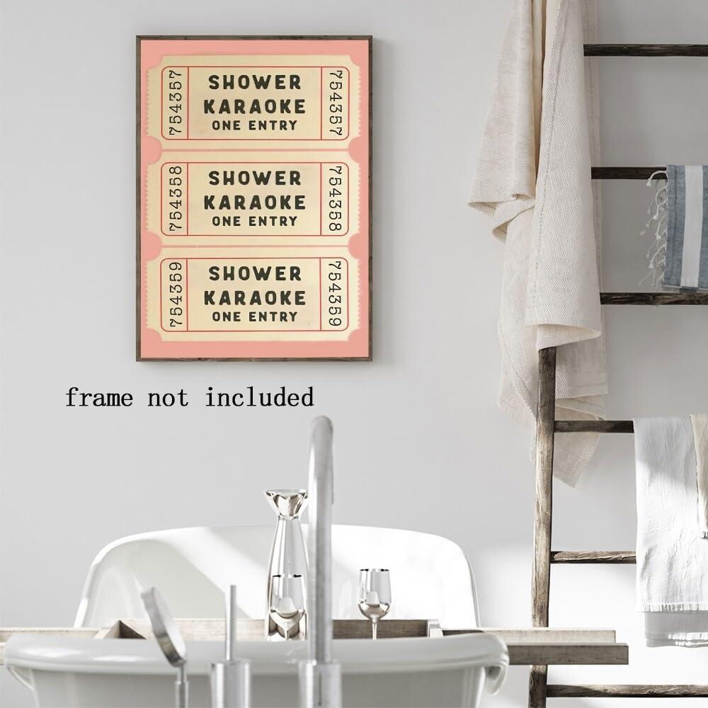 WHQethrial Funny Shower Karaoke Ticket Print Bathroom Canvas Poster for Bathroom Decor, Retro Pink Toilet Wall Art, Cute Bath Decor, Aesthetic Bathroom Art, Guest Bathroom Canvas Wall Art 8x12inch Unframed