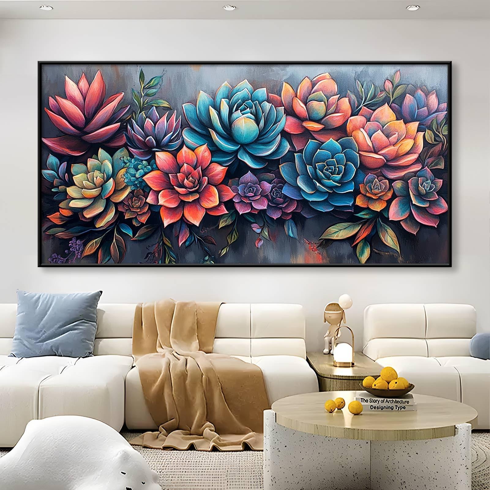 Gueeclk Succulent Canvas Wall Art, Abstract Succulent Canvas Print, Wall Succulent Decor, Plant Pictures Wall Art, Tropical Botanical Prints, Succulent Poster, Home Living Room Wall Decor (Gold Framed, 71\"x35\" | 180x90cm)