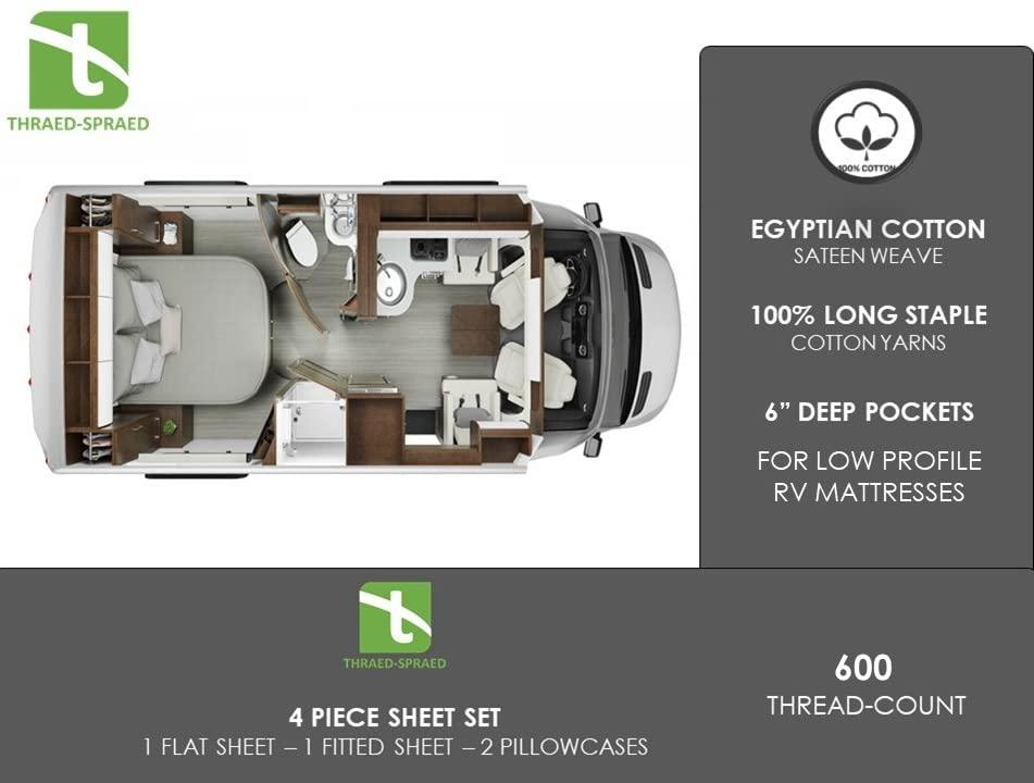 Thraed-Spraed RV Bunk 38 X 75 Sheet Set 600 Thread Count 100% Egyptian Cotton 6-Inch Deep Pockets Made for RV, Camper, Motorhomes, Boat, Soft Luxury & Breathable, 4-PC RV-Sheets - Light Grey Solid