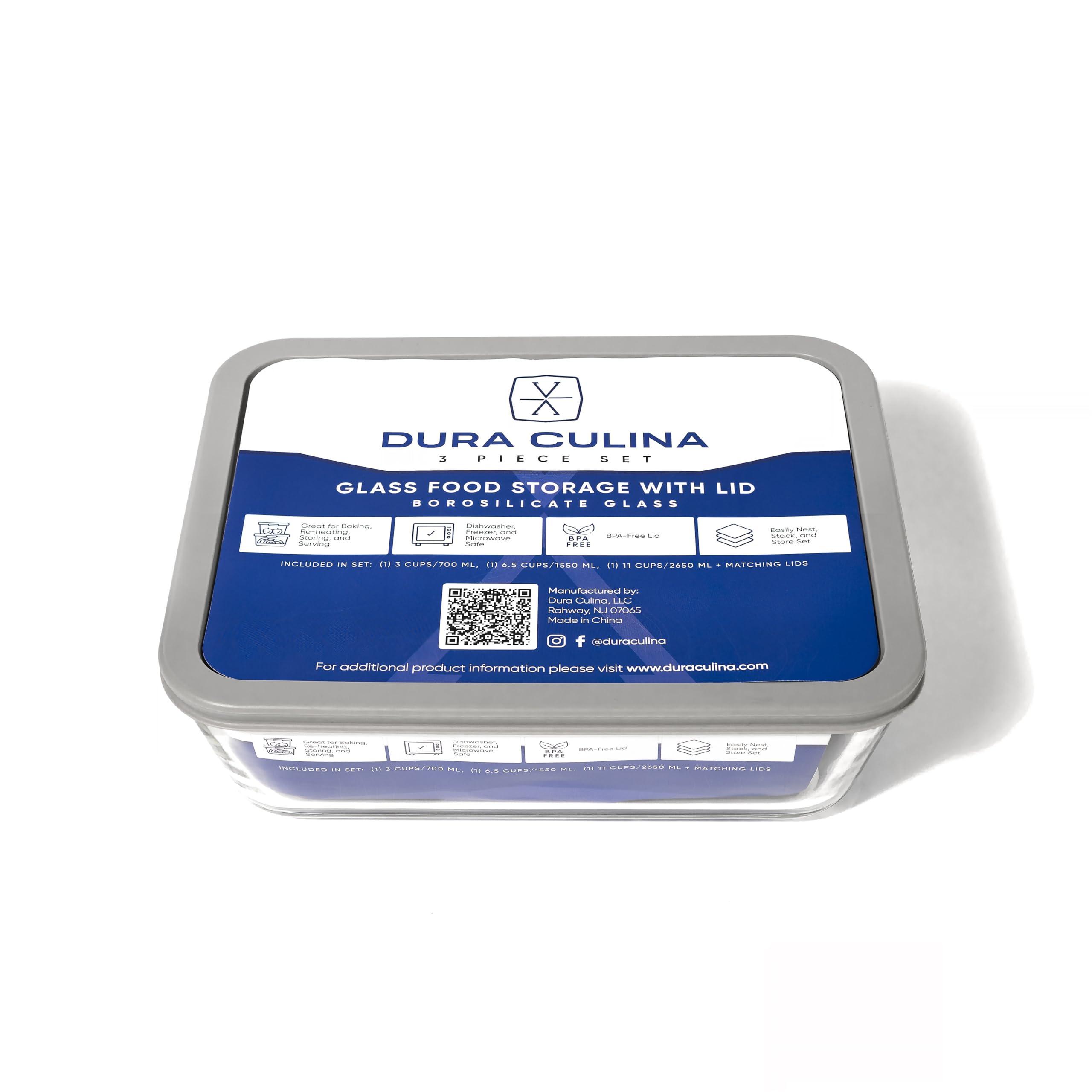 DURA LIVING DURA LIVING 6-Piece Glass Food Storage Containers Set (3 Containers + 3 Lids) |Rectangular, Nesting, Microwave & Dishwasher Safe | BPA-Free, Space-Saving | Grey Lids for Pantry & Kitchen Organization